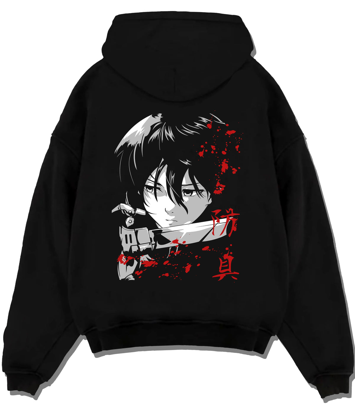 Black hoodie flat back view showing Mikasa Ackerman from Attack on Titan: dark-haired close-up