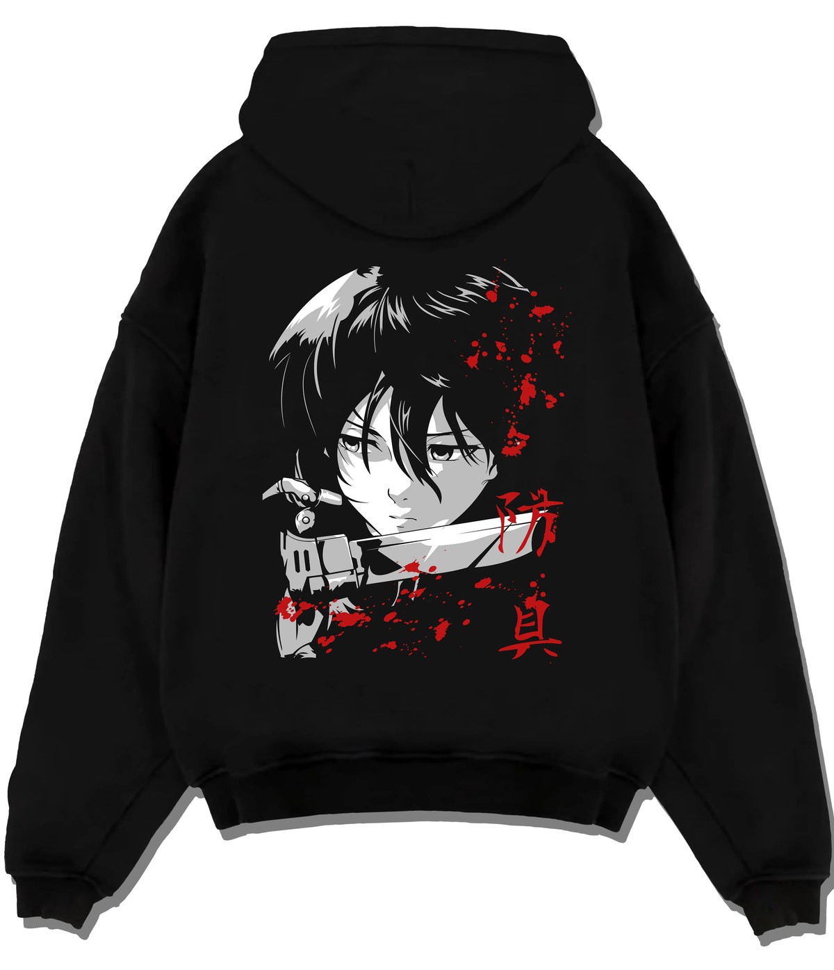 Black hoodie flat back view showing Mikasa Ackerman from Attack on Titan: dark-haired close-up