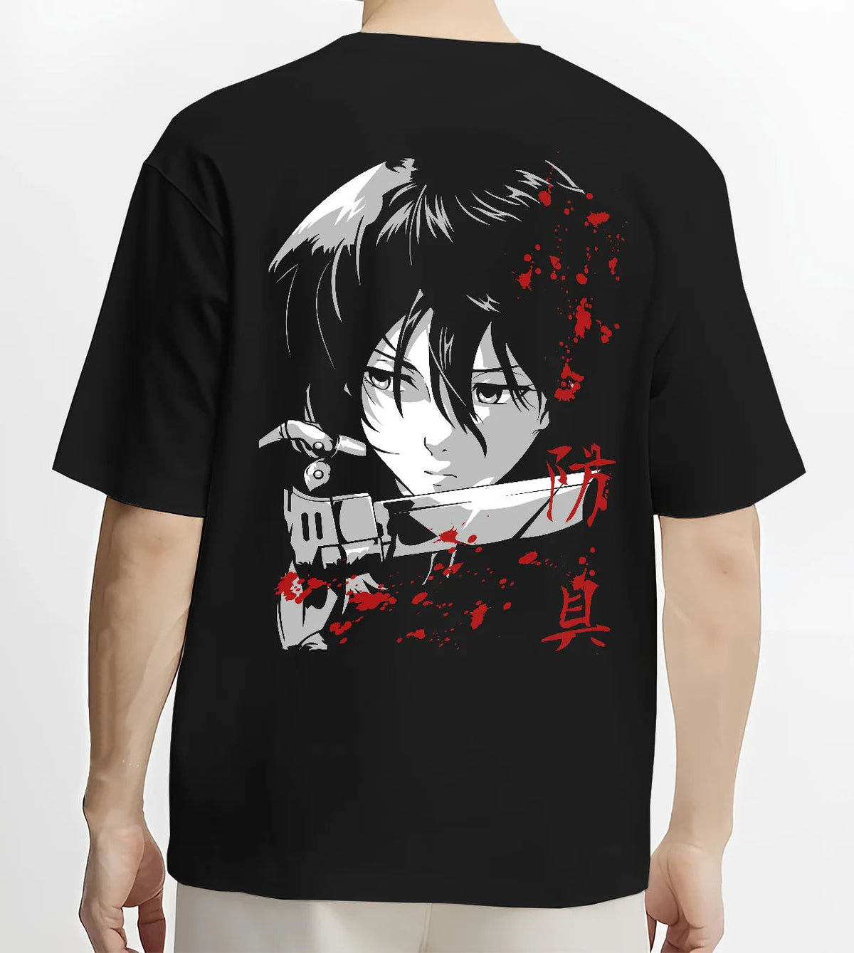 Black T-shirt model back view showing Mikasa Ackerman from Attack on Titan: dark-haired close-up