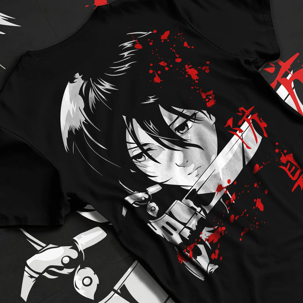 Black T-shirt flat back view showing Mikasa Ackerman from Attack on Titan: dark-haired close-up