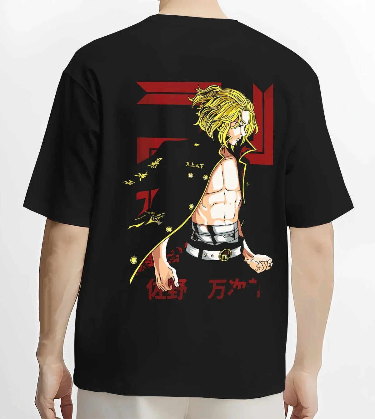 Black T-shirt worn by male model, back view with Mikey Hoodie Tokyo Revengers TV Anime Edition graphic premium wear.