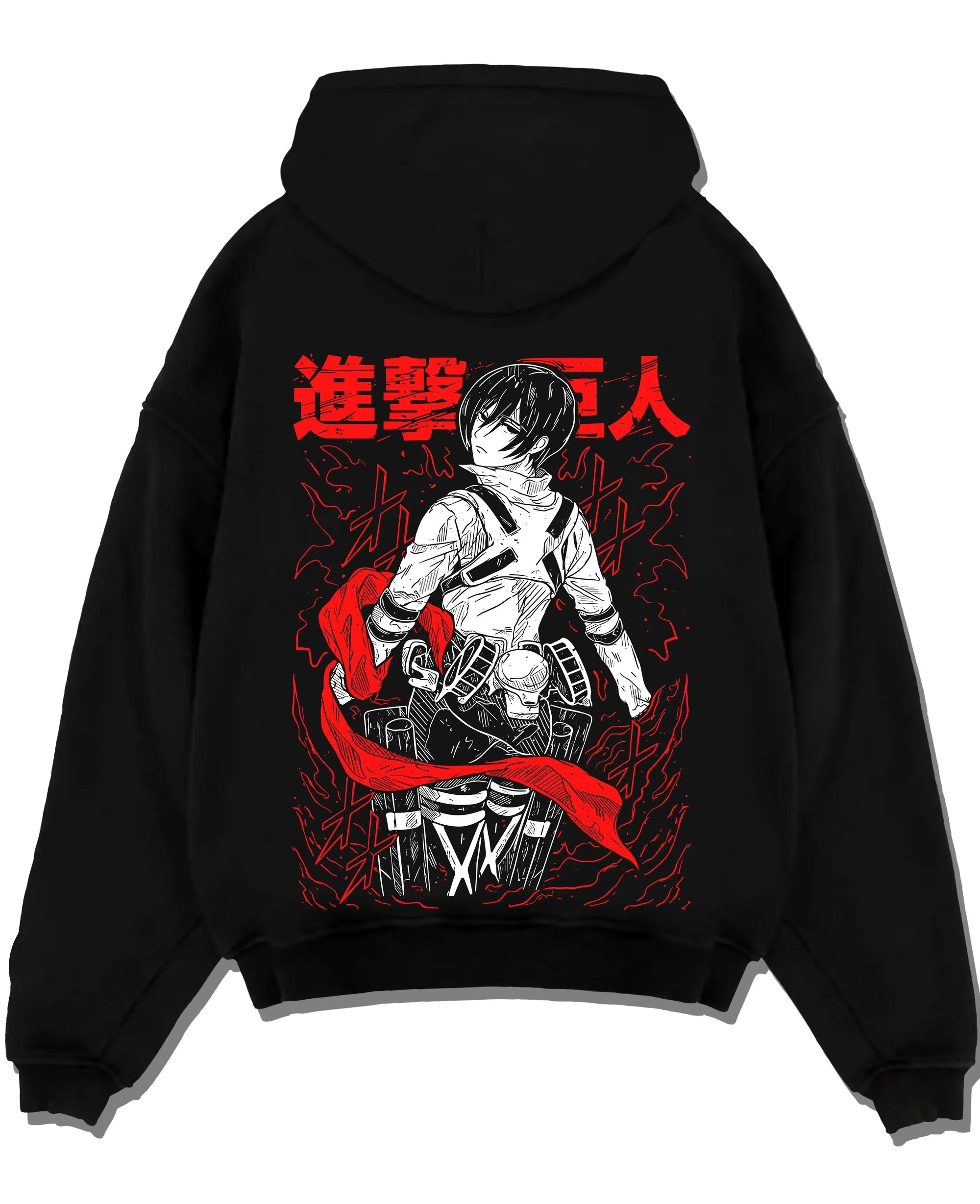 Black pullover hoodie laid flat, featuring anime poster inspired artwork of Mikasa Ackerman from Attack on Titan with red scarf.