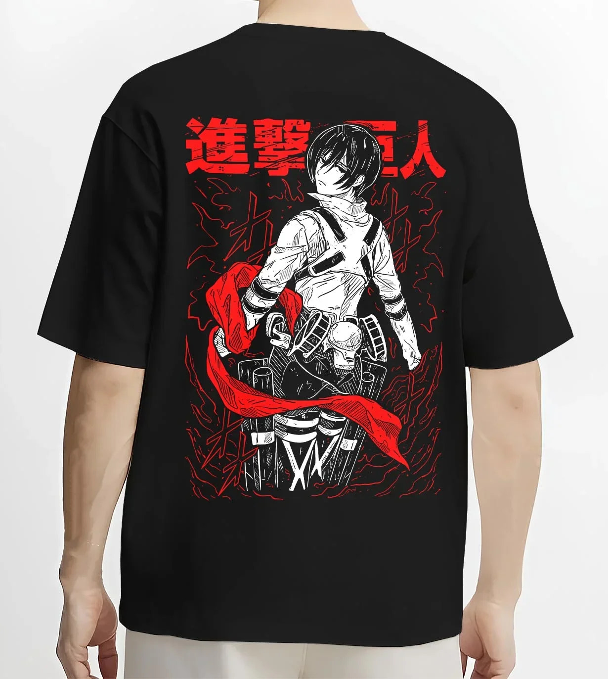 Black T-shirt worn by male model, back view, showcasing shonen battle character artwork of Mikasa with Survey Corps gear.