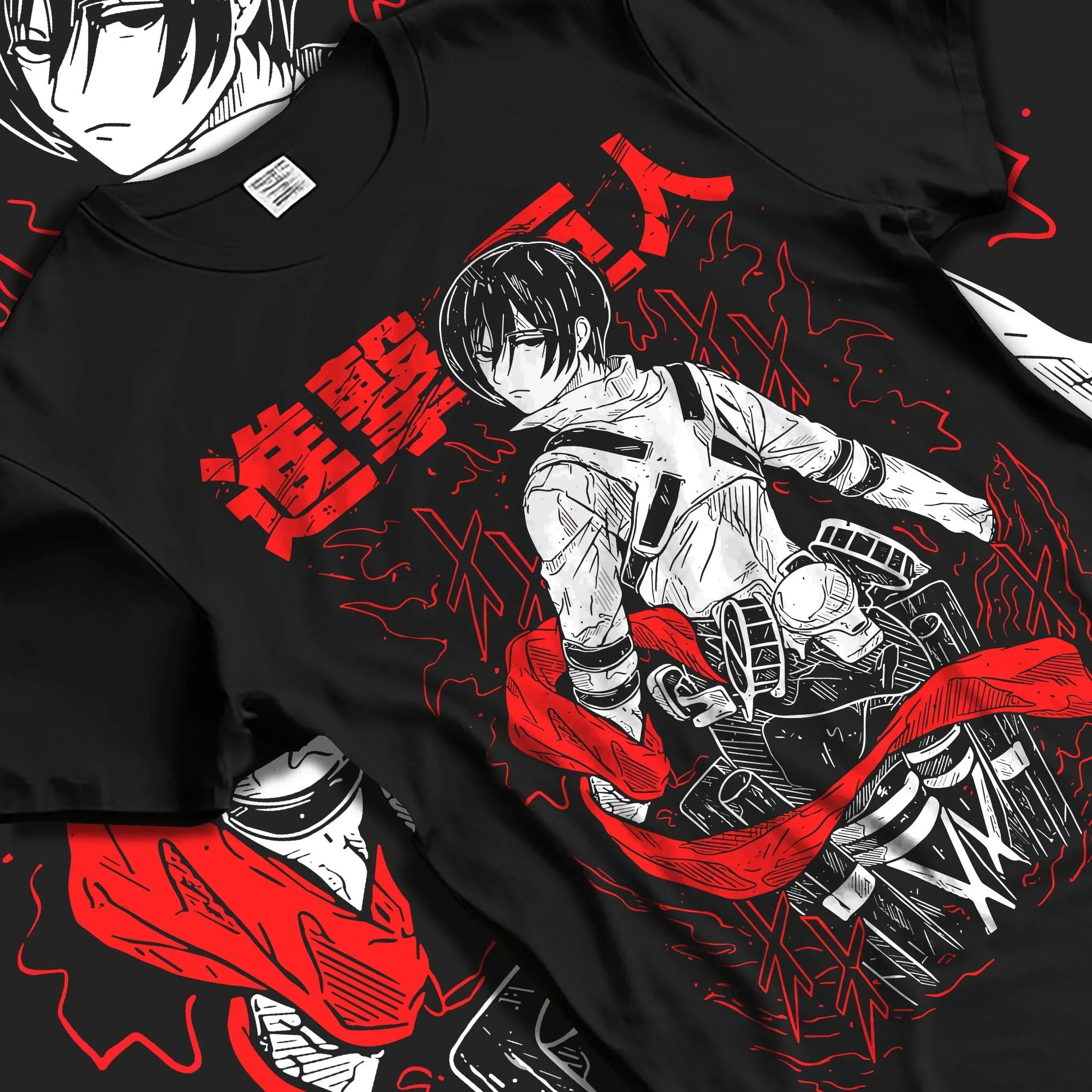 Black T-shirt laid flat with natural folds, featuring dark manga panel style artwork of Mikasa Ackerman AOT design.