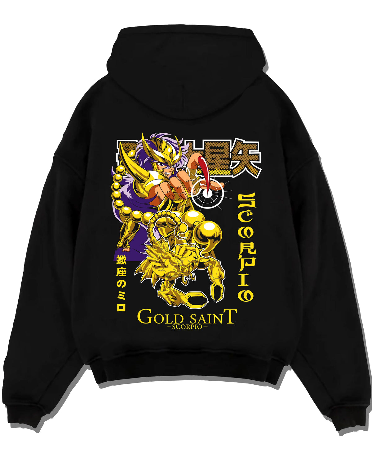 Black hoodie laid flat featuring Scorpio Milo Gold Saint artwork.