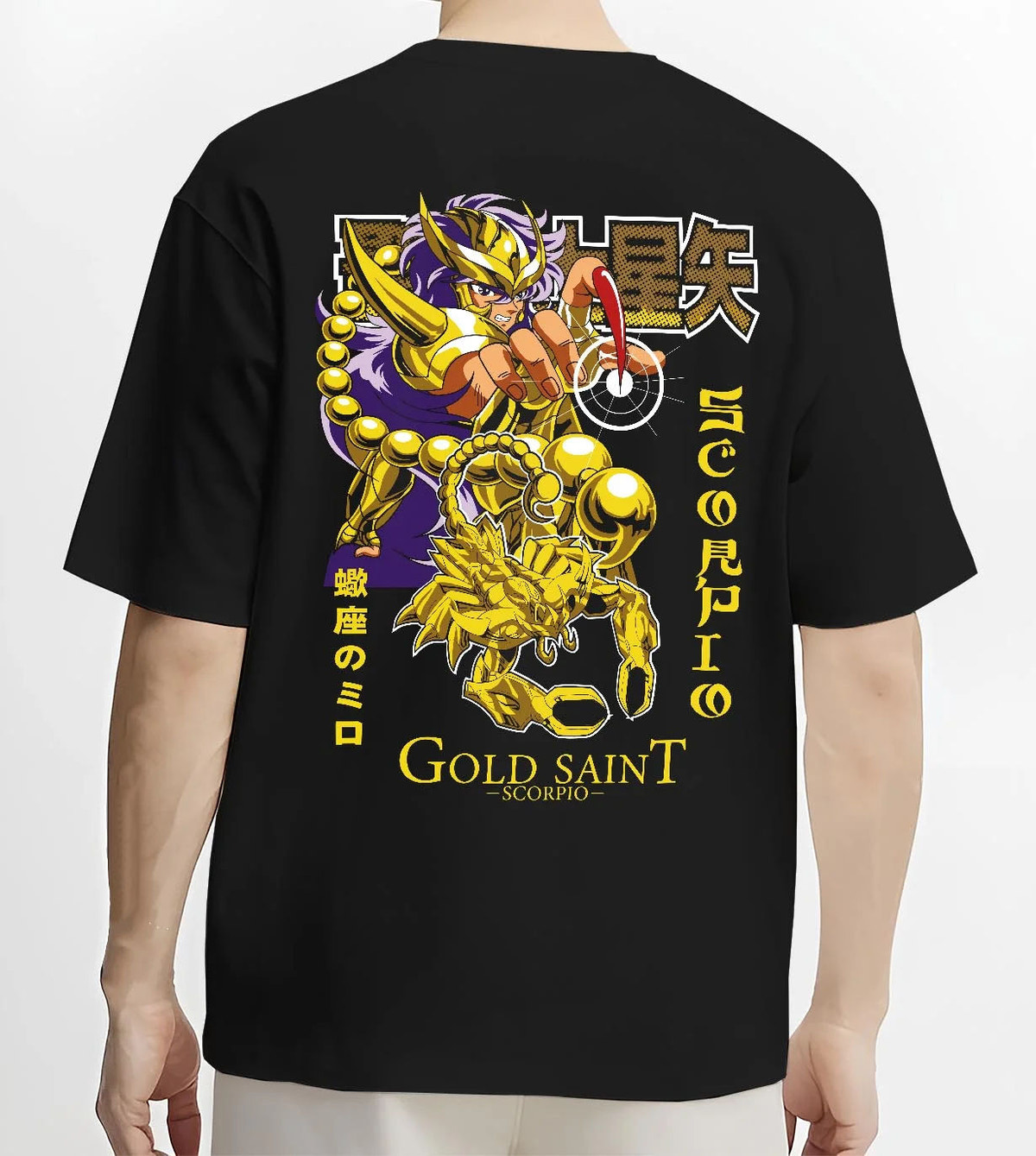 Black T-shirt worn by male model from the back featuring Scorpio Milo Gold Saint artwork.