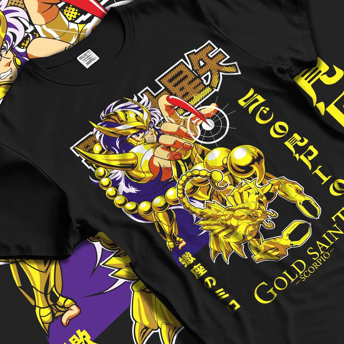 Black T-shirt laid flat with natural folds featuring Scorpio Milo Gold Saint artwork.