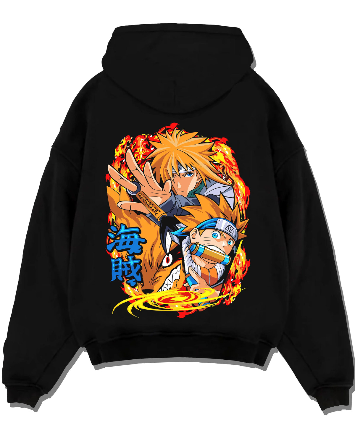Black hoodie laid flat featuring Minato Namikaze and Naruto Uzumaki artwork.