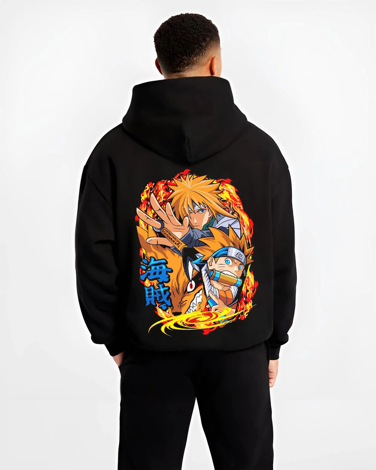 Black hoodie worn by male model from the back featuring Minato Namikaze and Naruto Uzumaki artwork.