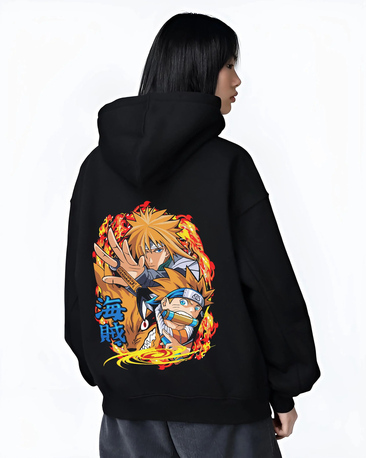 Black hoodie worn by female model from the back featuring Minato Namikaze and Naruto Uzumaki artwork.