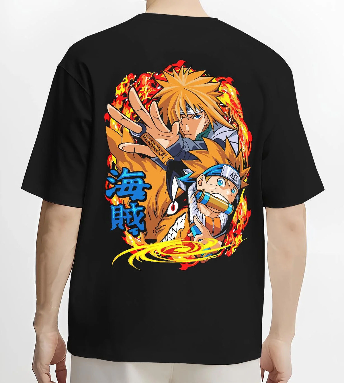 Black T-shirt worn by male model from the back featuring Minato Namikaze and Naruto Uzumaki artwork.