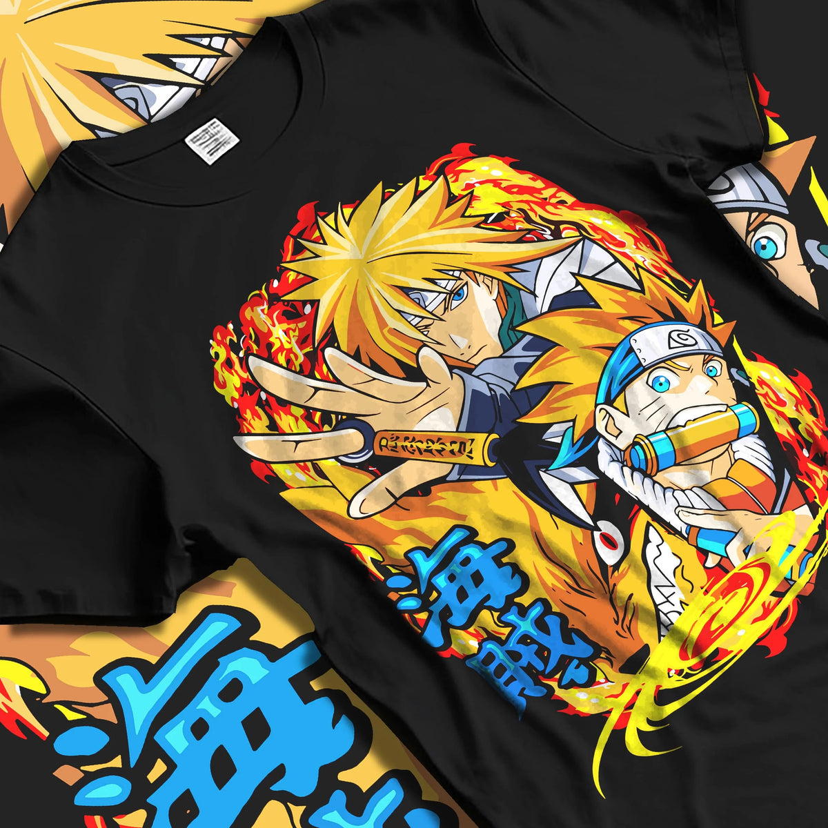 Black T-shirt laid flat with natural folds featuring Minato Namikaze and Naruto Uzumaki artwork.