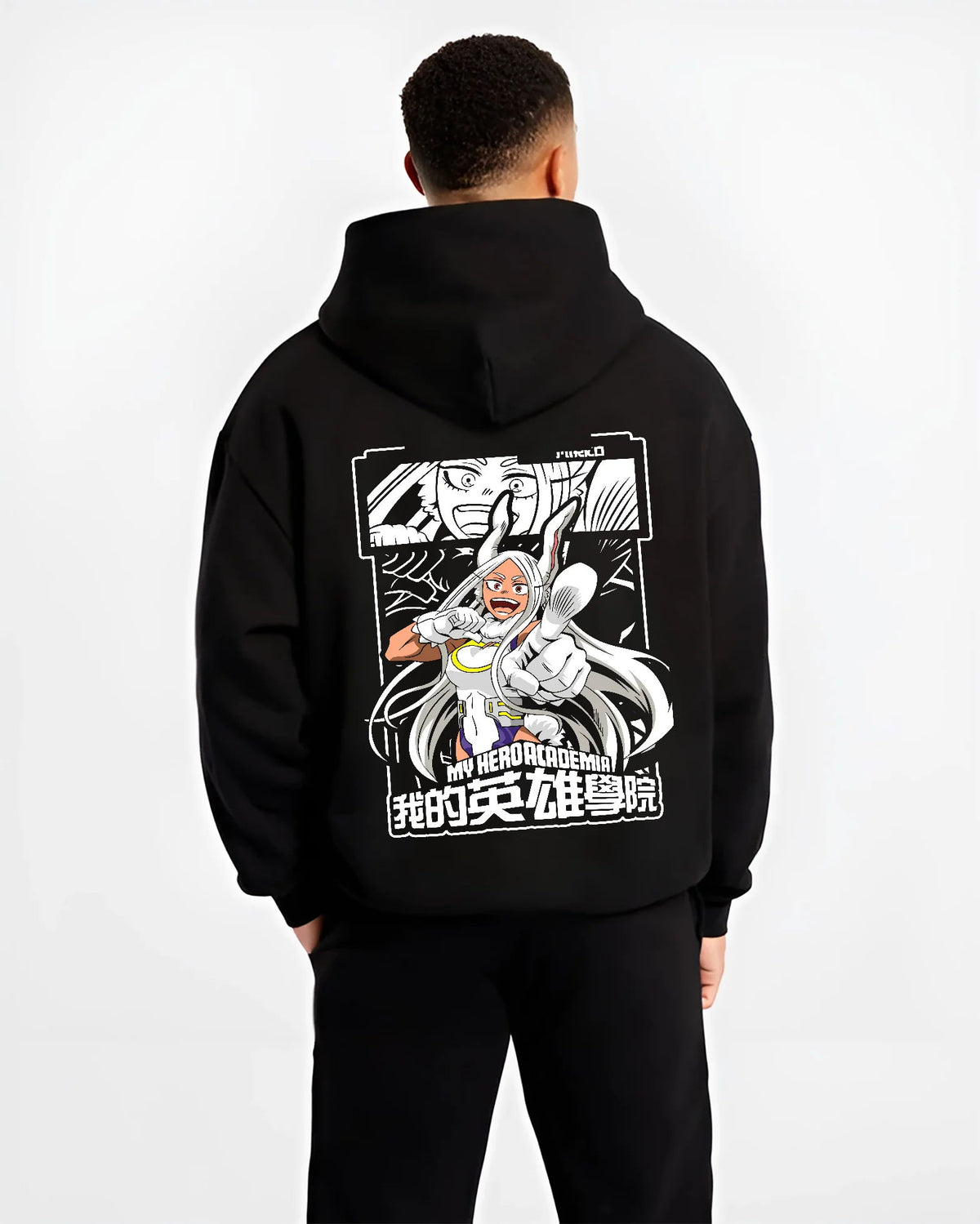 Black hoodie model back view showing Mirko (Rumi Usagiyama) from My Hero Academia: rabbit hero