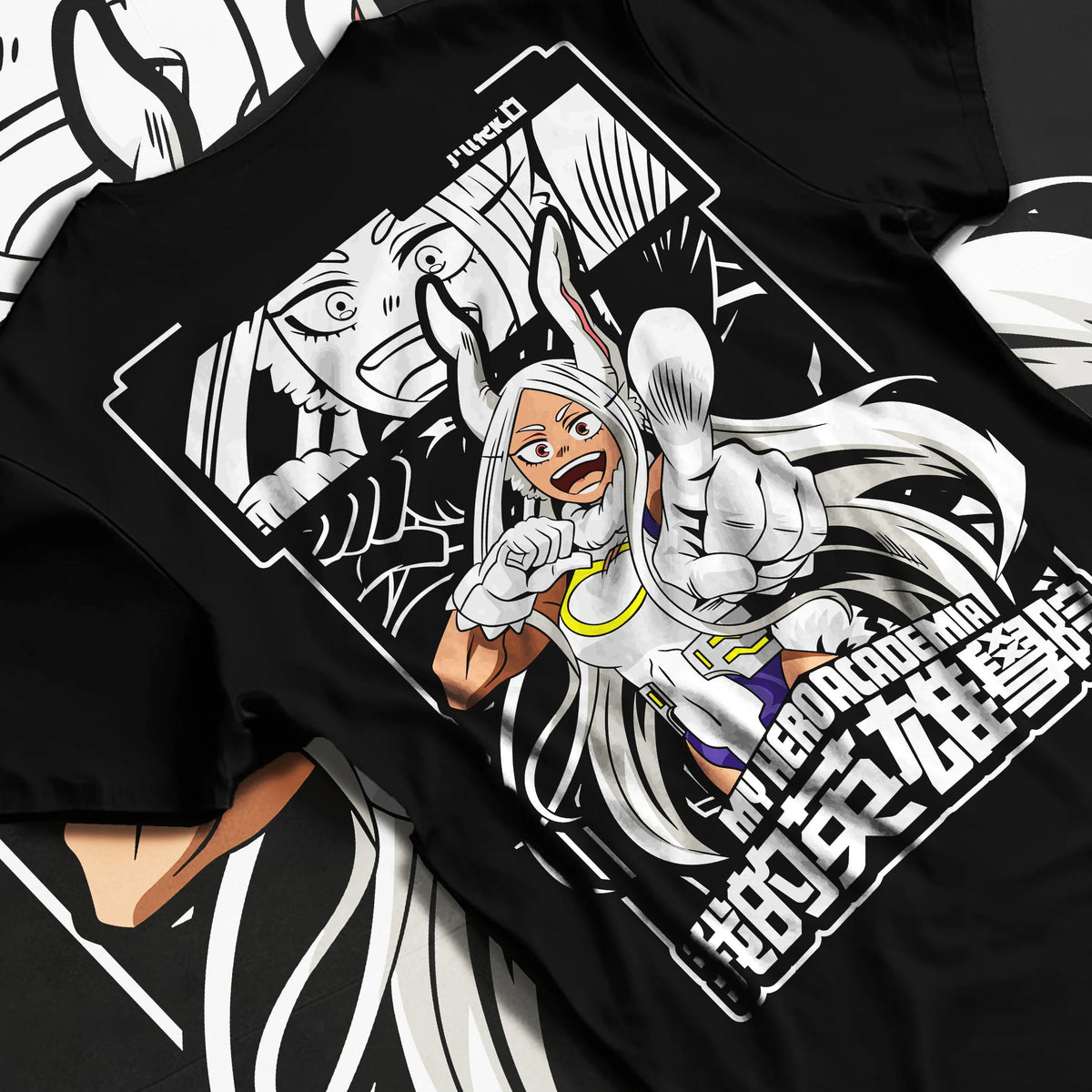 Black T-shirt flat back view showing Mirko (Rumi Usagiyama) from My Hero Academia: rabbit hero