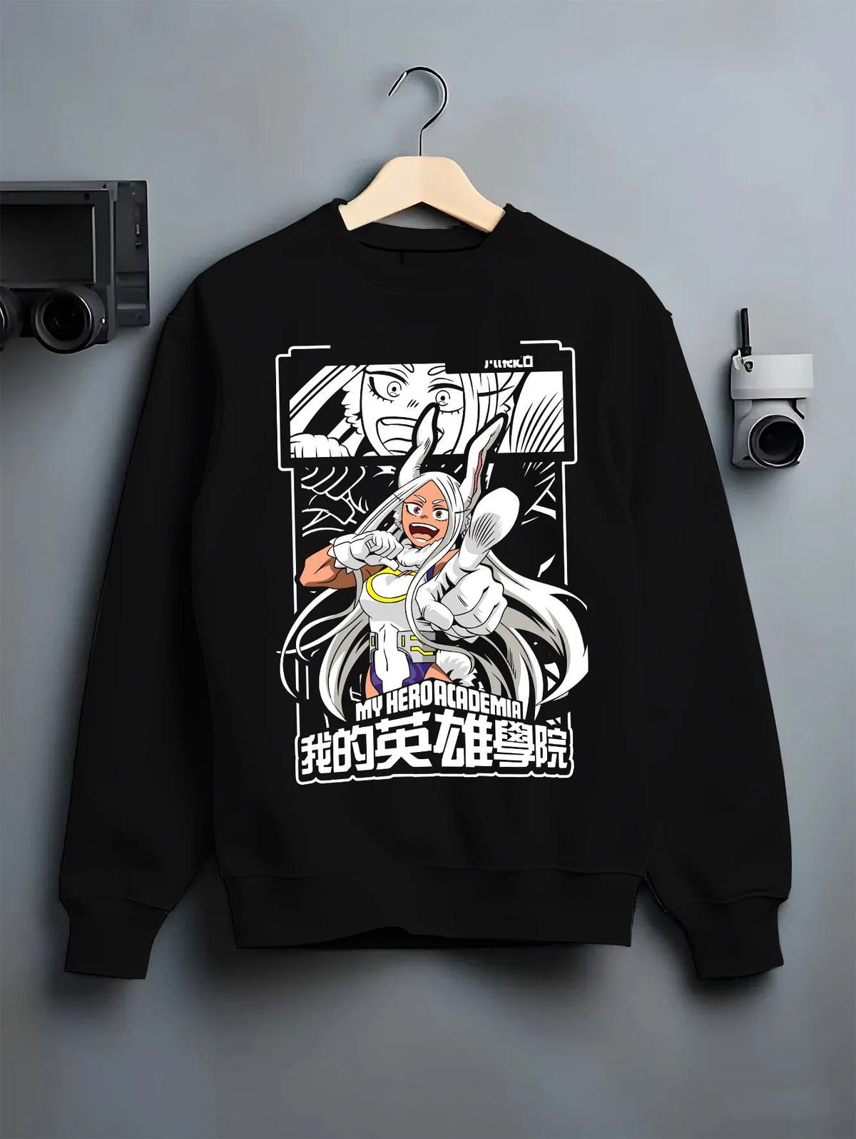 Black crewneck sweatshirt on hanger showing Mirko (Rumi Usagiyama) from My Hero Academia: rabbit hero