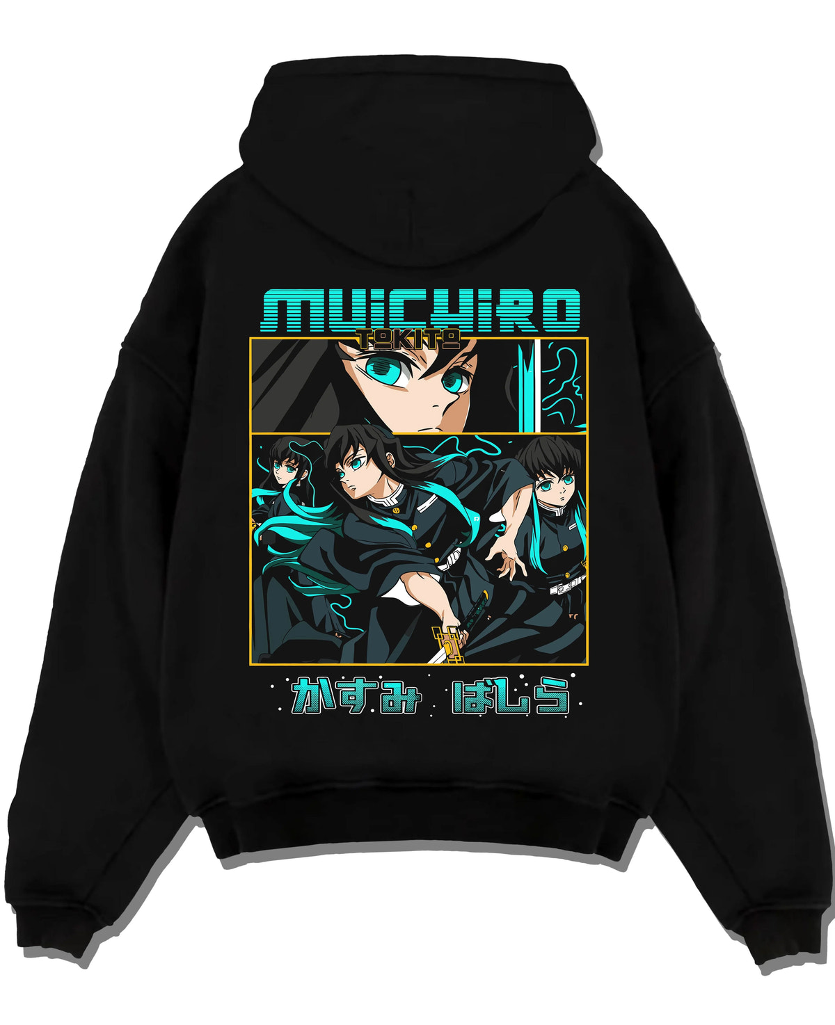 Black hoodie laid flat featuring Muichiro Tokito Mist Hashira artwork.