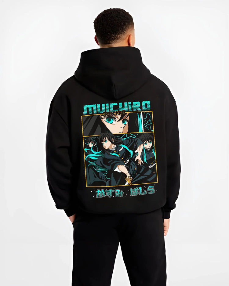 Black hoodie worn by male model from the back featuring Muichiro Tokito Mist Hashira artwork.