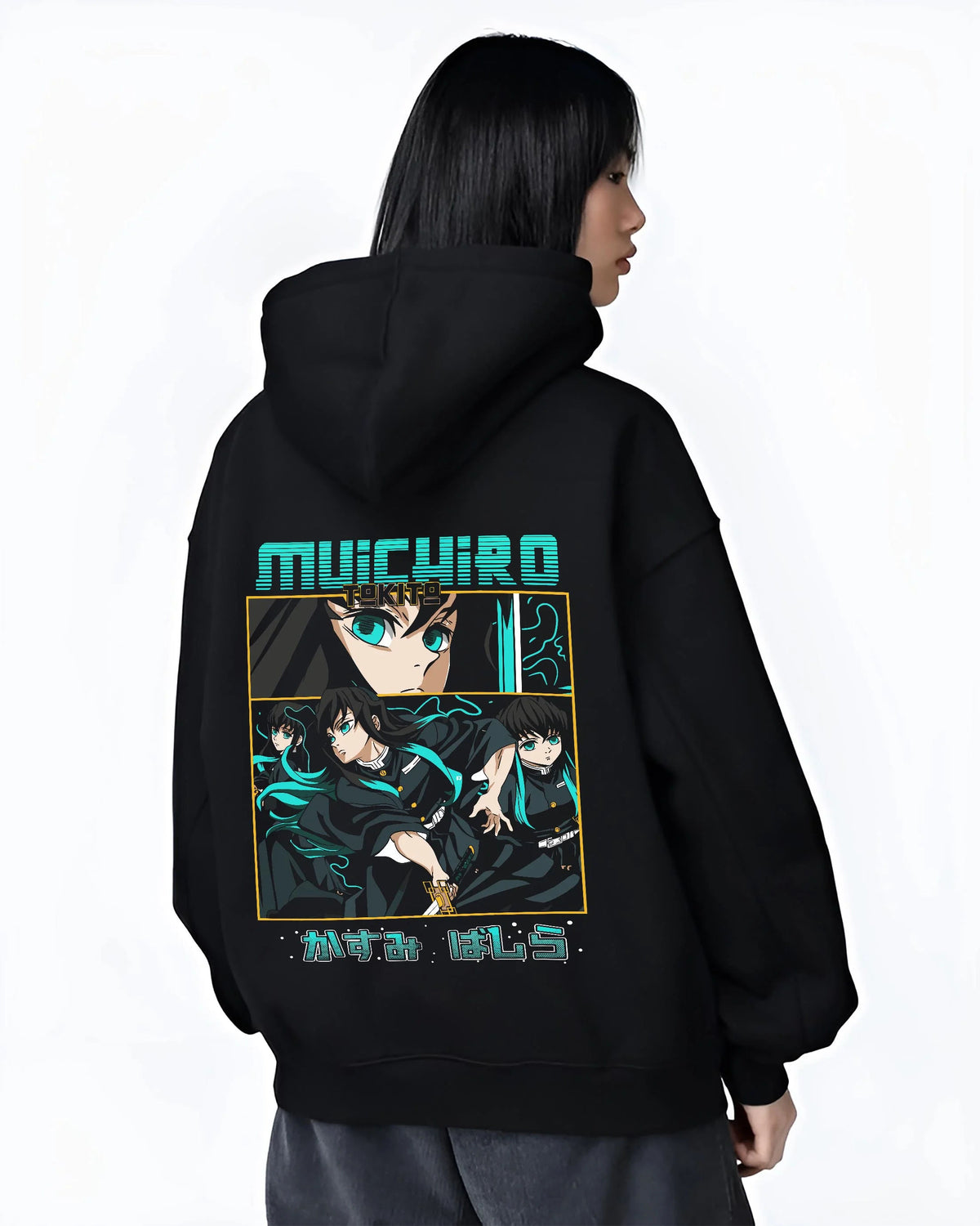 Black hoodie worn by female model from the back featuring Muichiro Tokito Mist Hashira artwork.