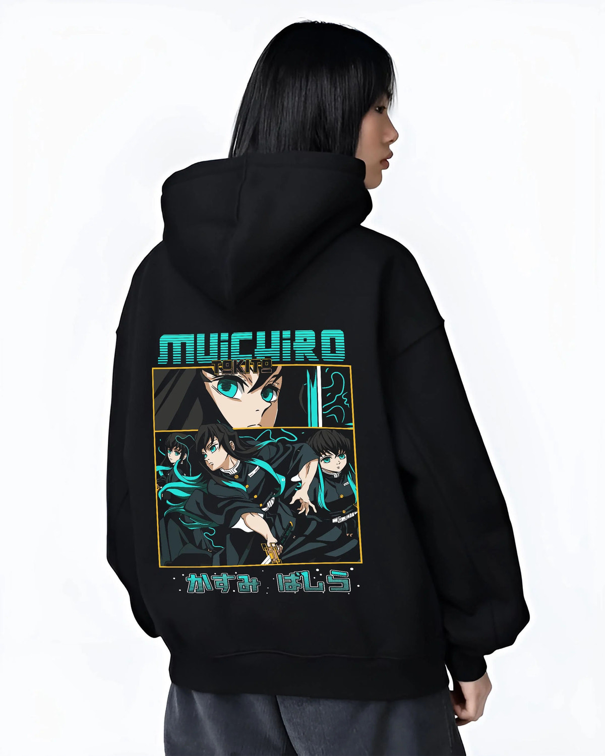 Black hoodie worn by female model from the back featuring Muichiro Tokito Mist Hashira artwork.