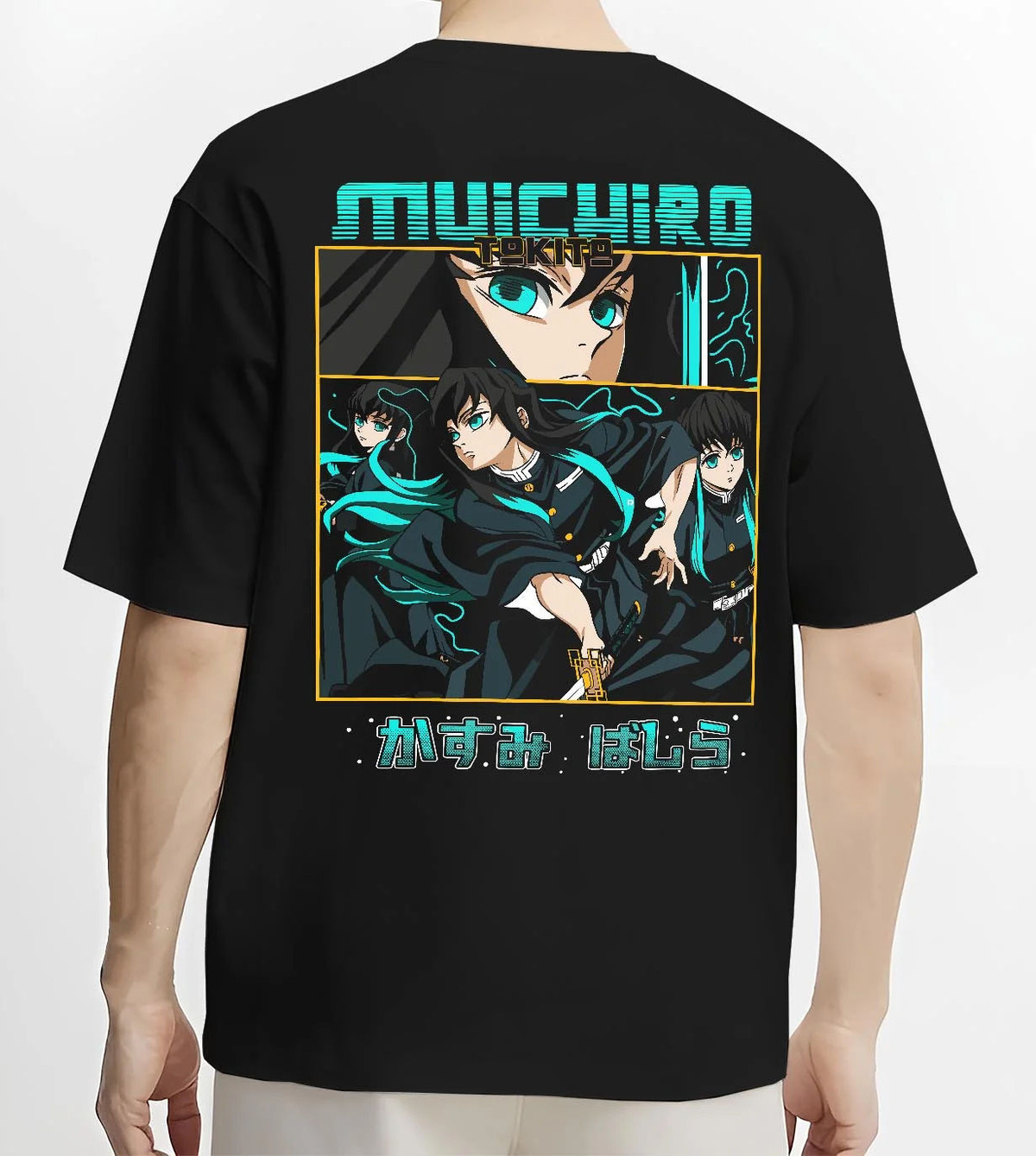 Black T-shirt worn by male model from the back featuring Muichiro Tokito Mist Hashira artwork.