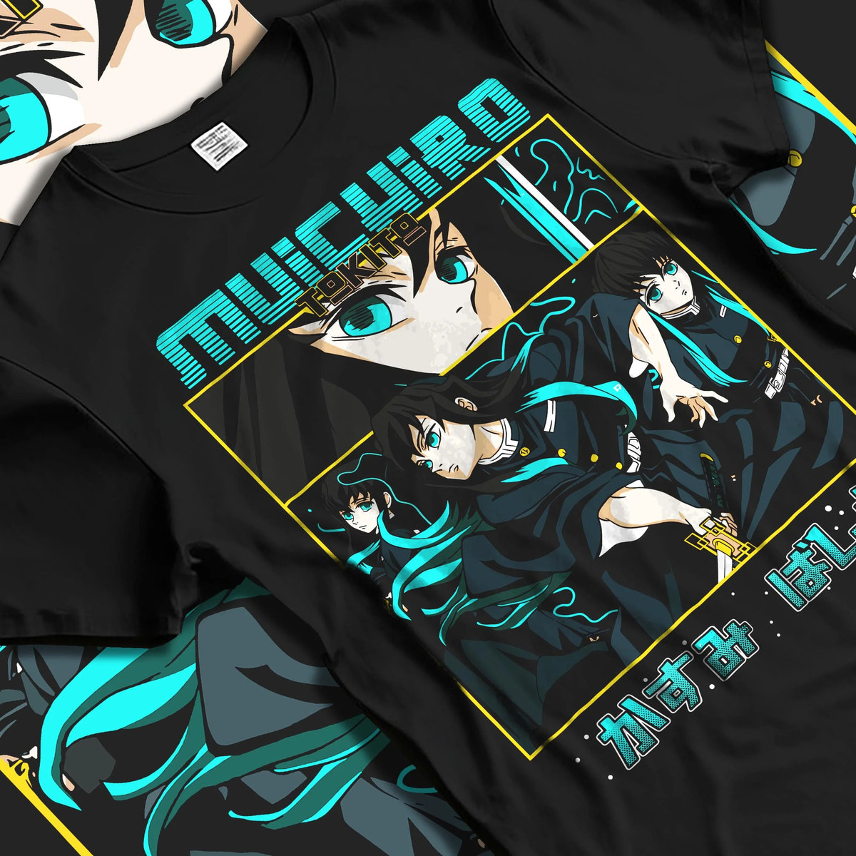 Black T-shirt laid flat with natural folds featuring Muichiro Tokito Mist Hashira artwork.