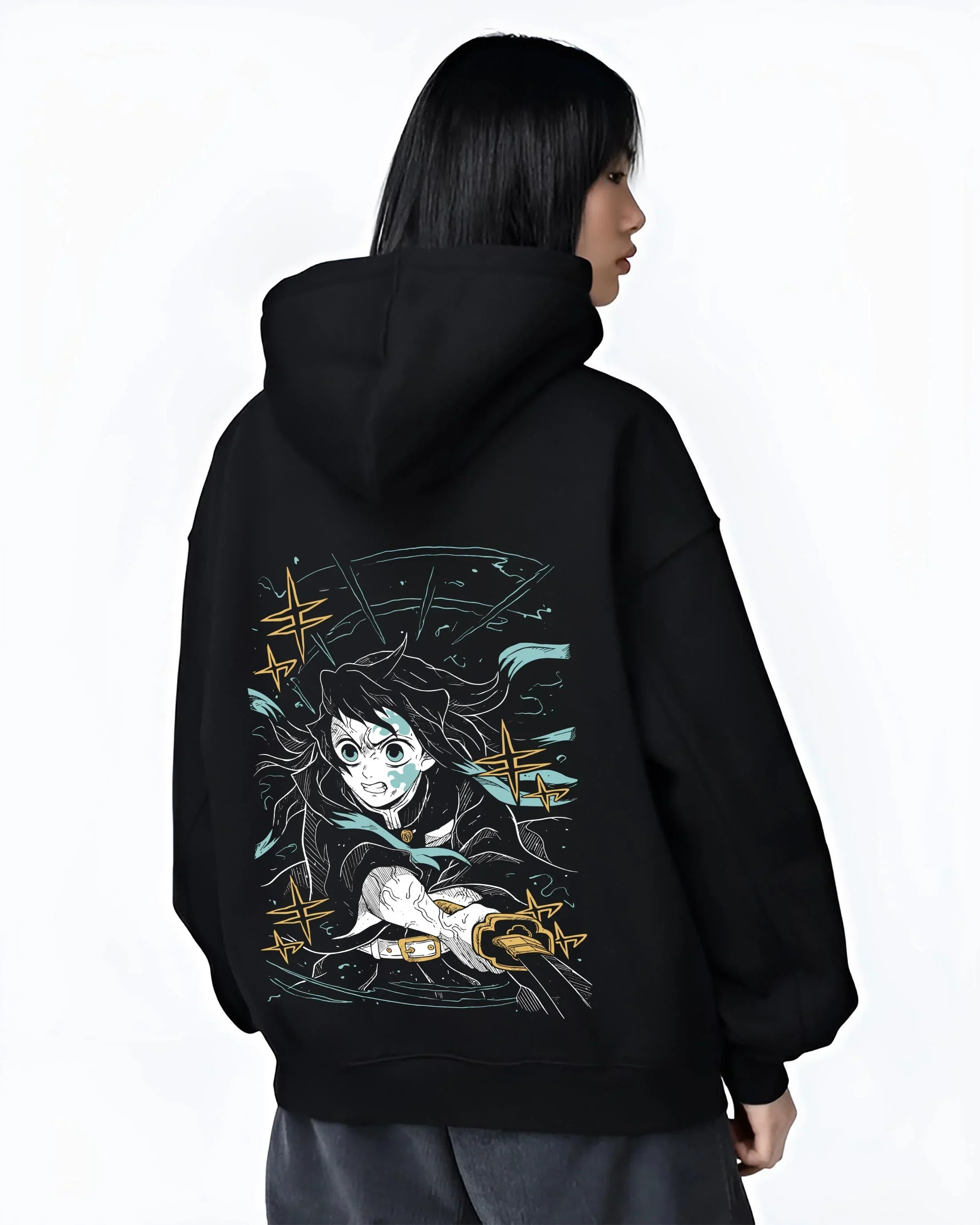 Black hoodie worn by female model, back view with Shinobu Kocho Hoodie Demon Slayer Butterfly Grace graphic premium wear.