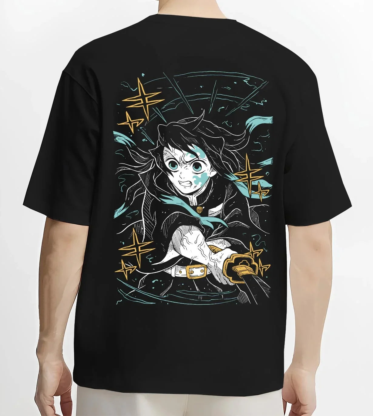 Black T-shirt worn by male model, back view with Shinobu Kocho Hoodie Demon Slayer Butterfly Grace graphic premium wear.