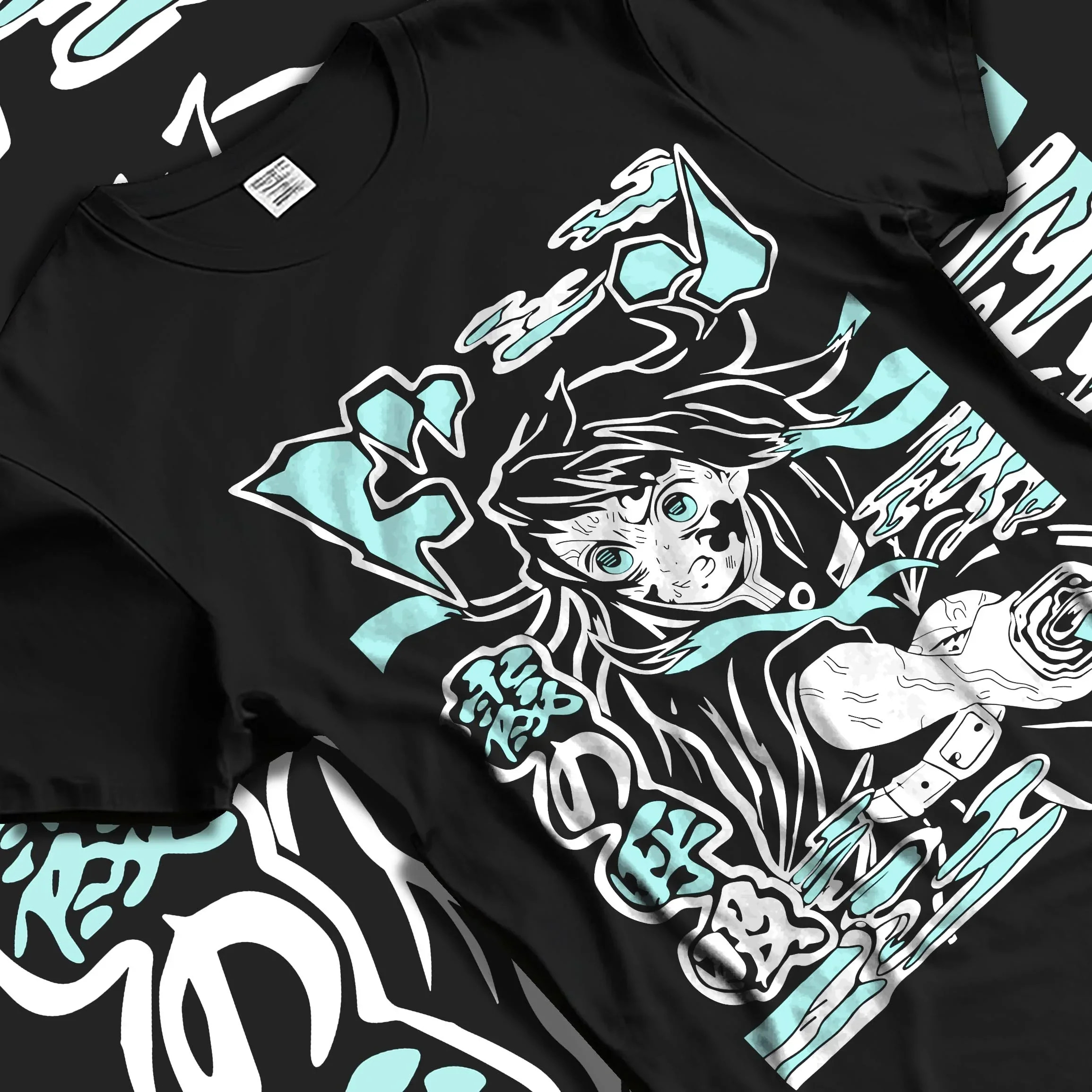 Black T-shirt laid flat with natural folds with Nezuko Kamado Hoodie Demon Slayer Transformation graphic bold anime graphic.