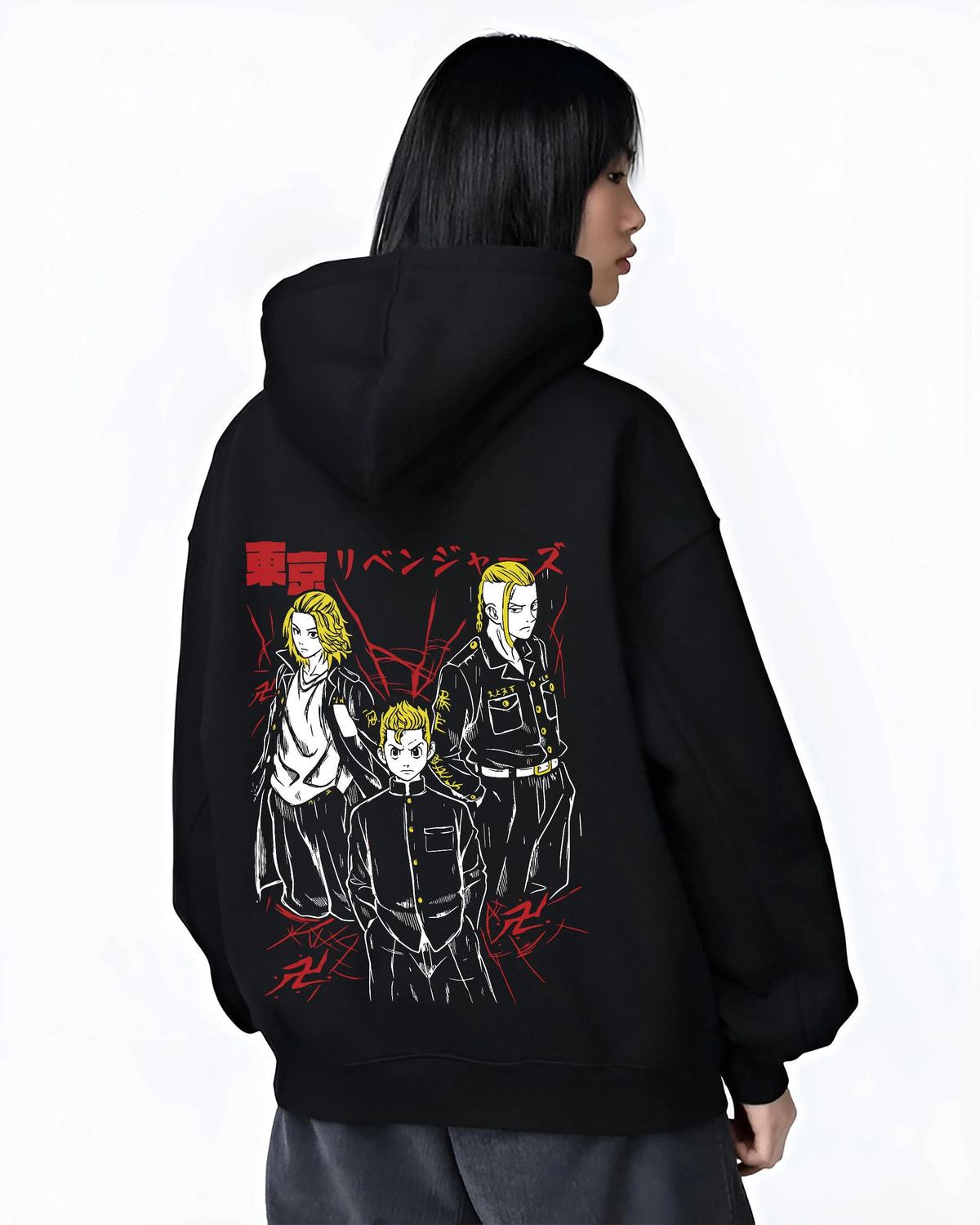Black hoodie worn by female model from the back featuring Mikey, Draken and Mitsuya Toman trio artwork.