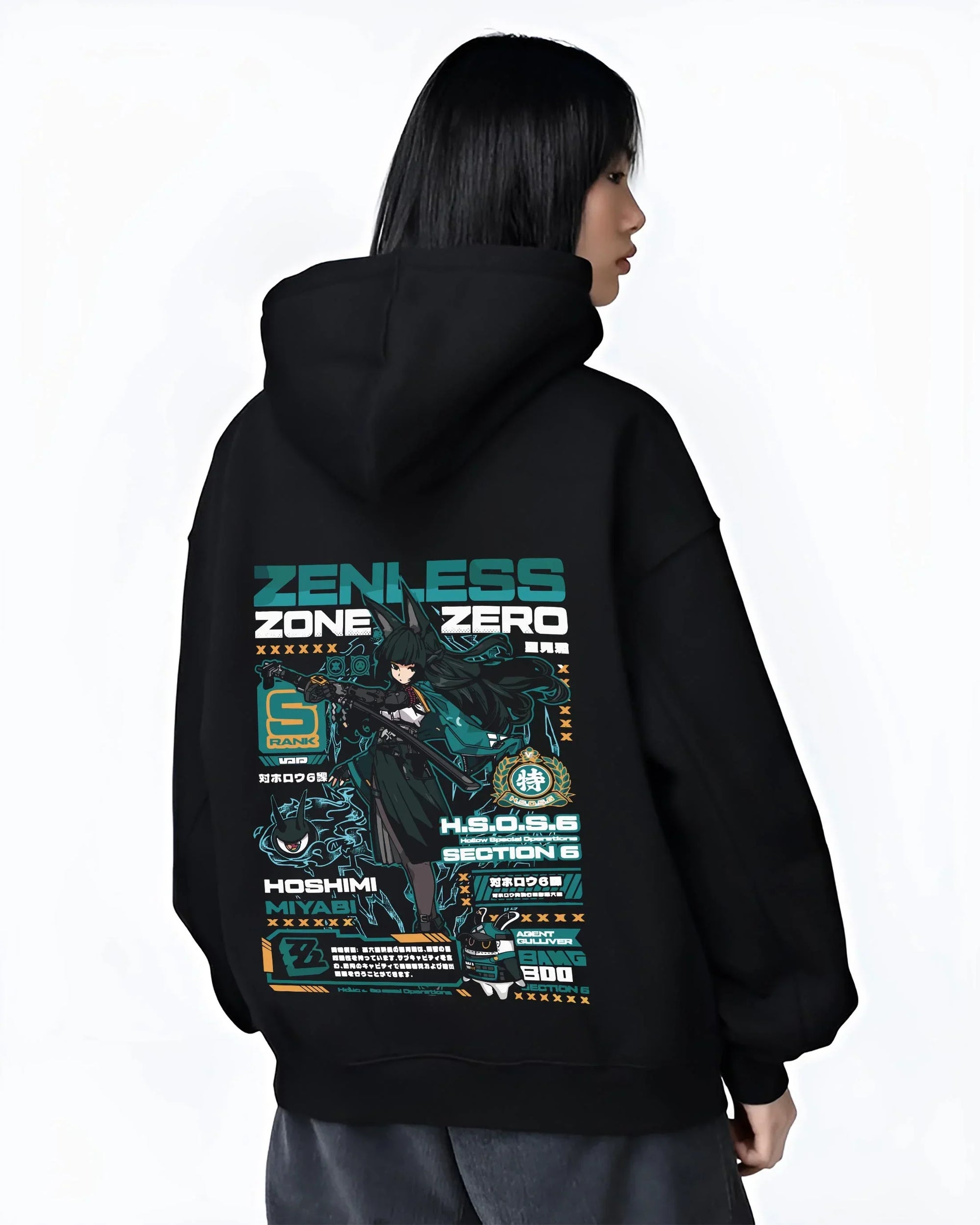 Black hoodie worn by female model, back view with Hoshimi Miyabi Hoodie Zenless Zone Zero Combat graphic bold anime graphic.