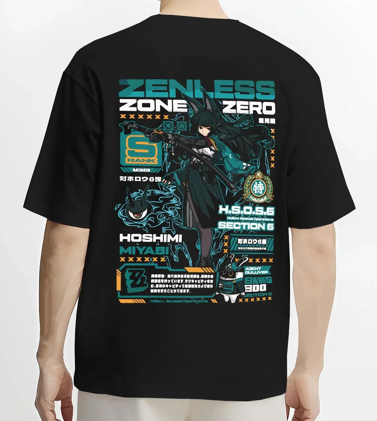 Black T-shirt worn by male model, back view with Hoshimi Miyabi Hoodie Zenless Zone Zero Combat graphic bold anime graphic.