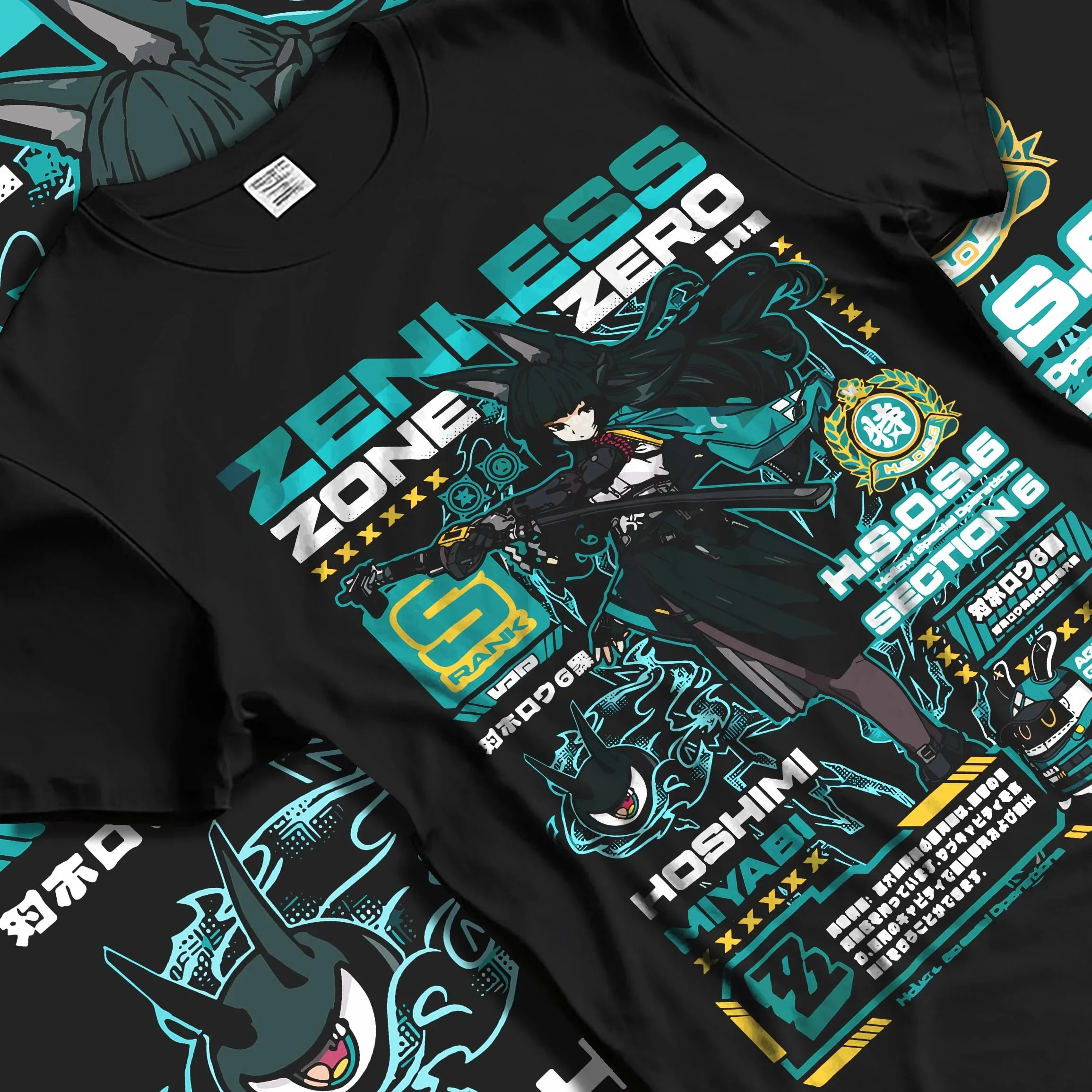 Black T-shirt laid flat with natural folds with Hoshimi Miyabi Hoodie Zenless Zone Zero Combat graphic streetwear graphic.