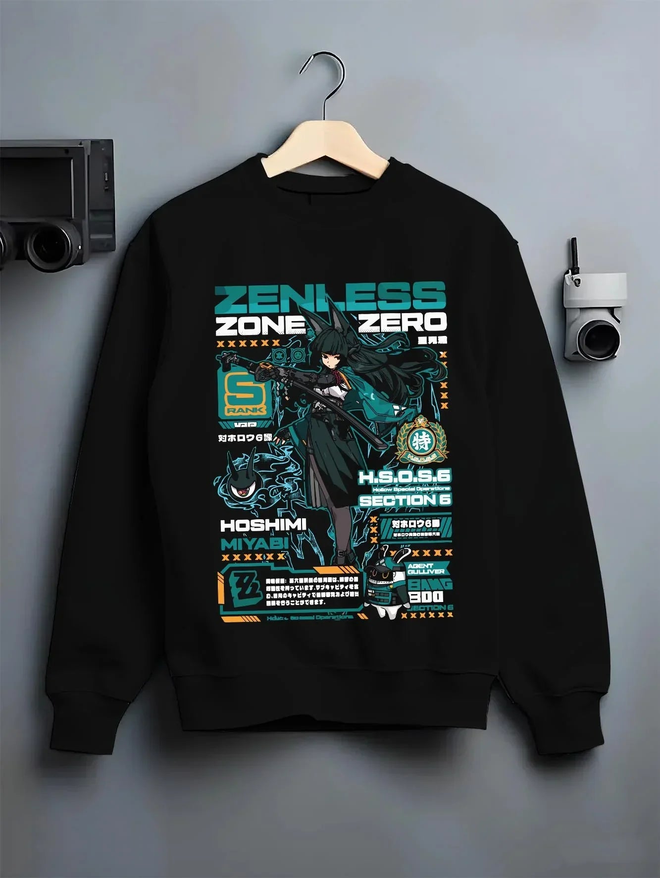 Black crewneck sweatshirt on hanger with Hoshimi Miyabi Hoodie Zenless Zone Zero Combat graphic premium wear.