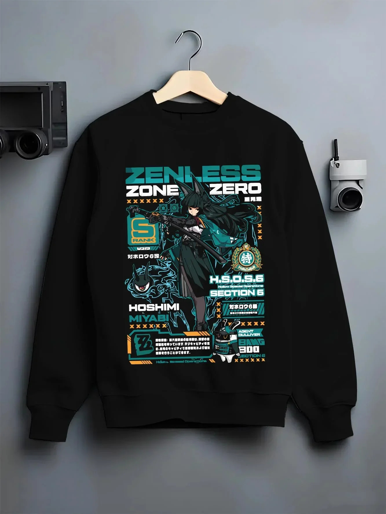 Black crewneck sweatshirt on hanger with Hoshimi Miyabi Hoodie Zenless Zone Zero Combat graphic premium wear.