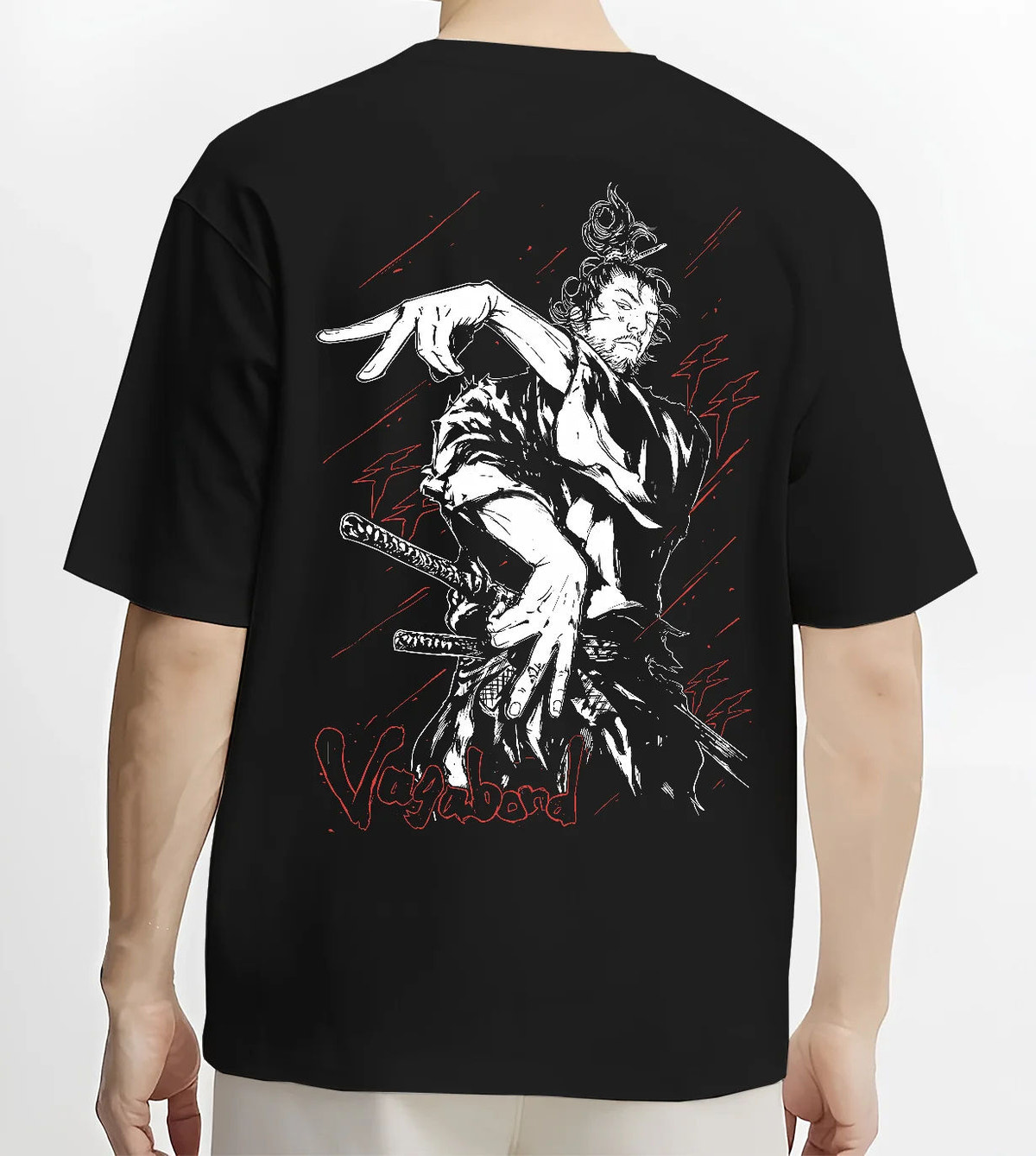 Black T-shirt model back view showing Miyamoto Musashi from Vagabond: sword action scene