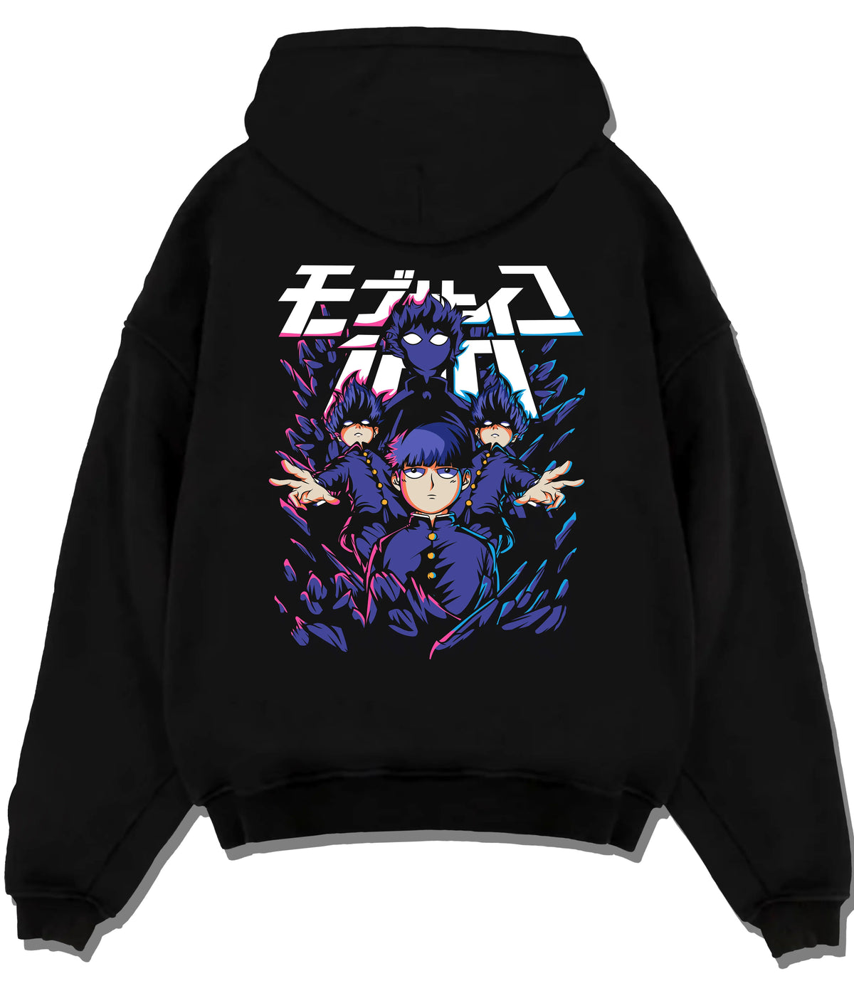 Black hoodie flat back view showing Mob Psycho 100: Mob and spirits and cast ensemble
