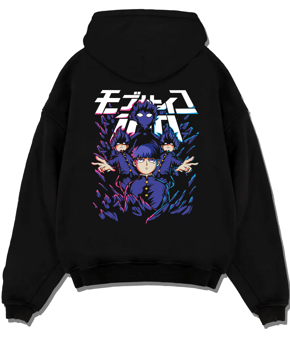 Black hoodie flat back view showing Mob Psycho 100: Mob and spirits and cast ensemble