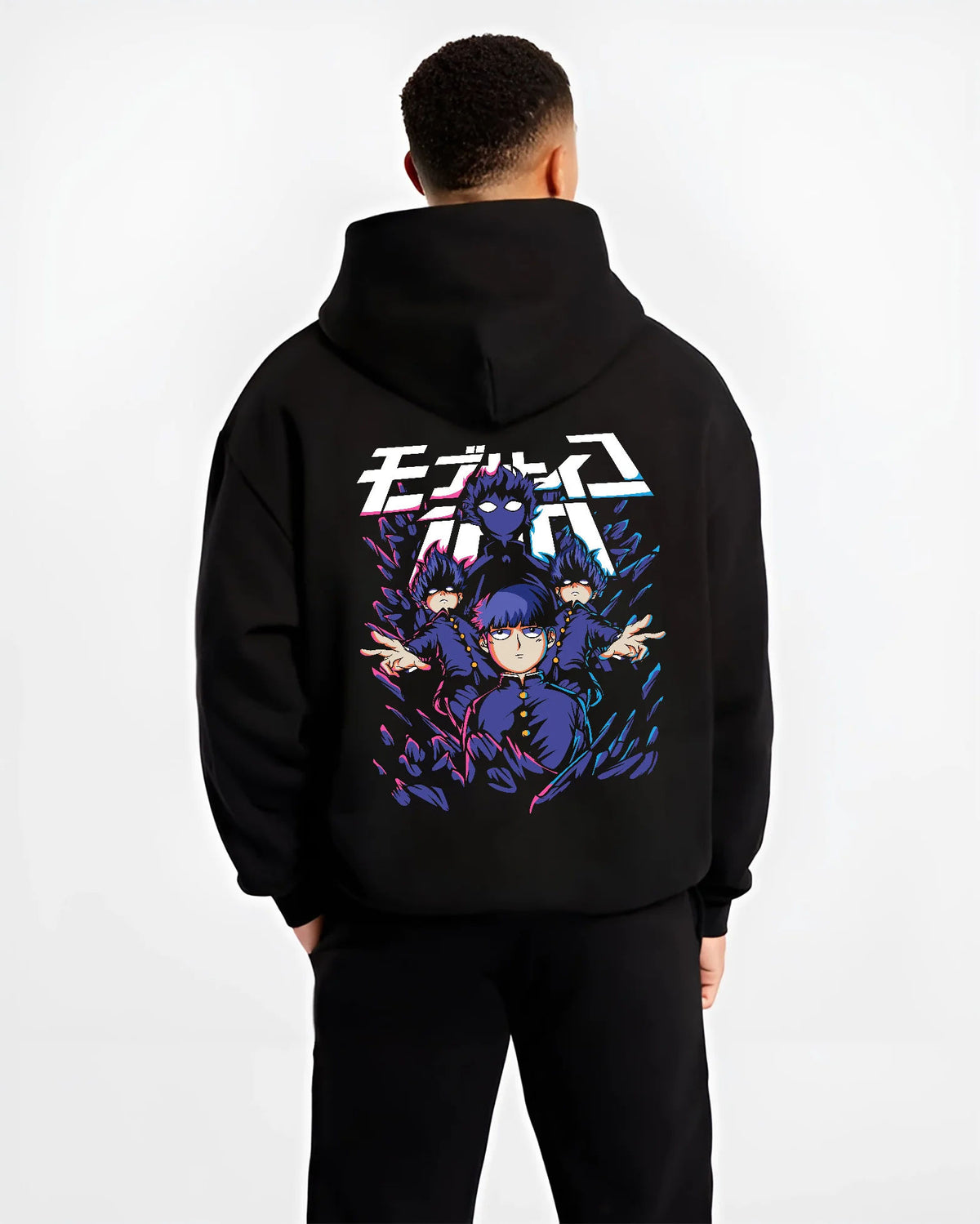 Black hoodie model back view showing Mob Psycho 100: Mob and spirits and cast ensemble