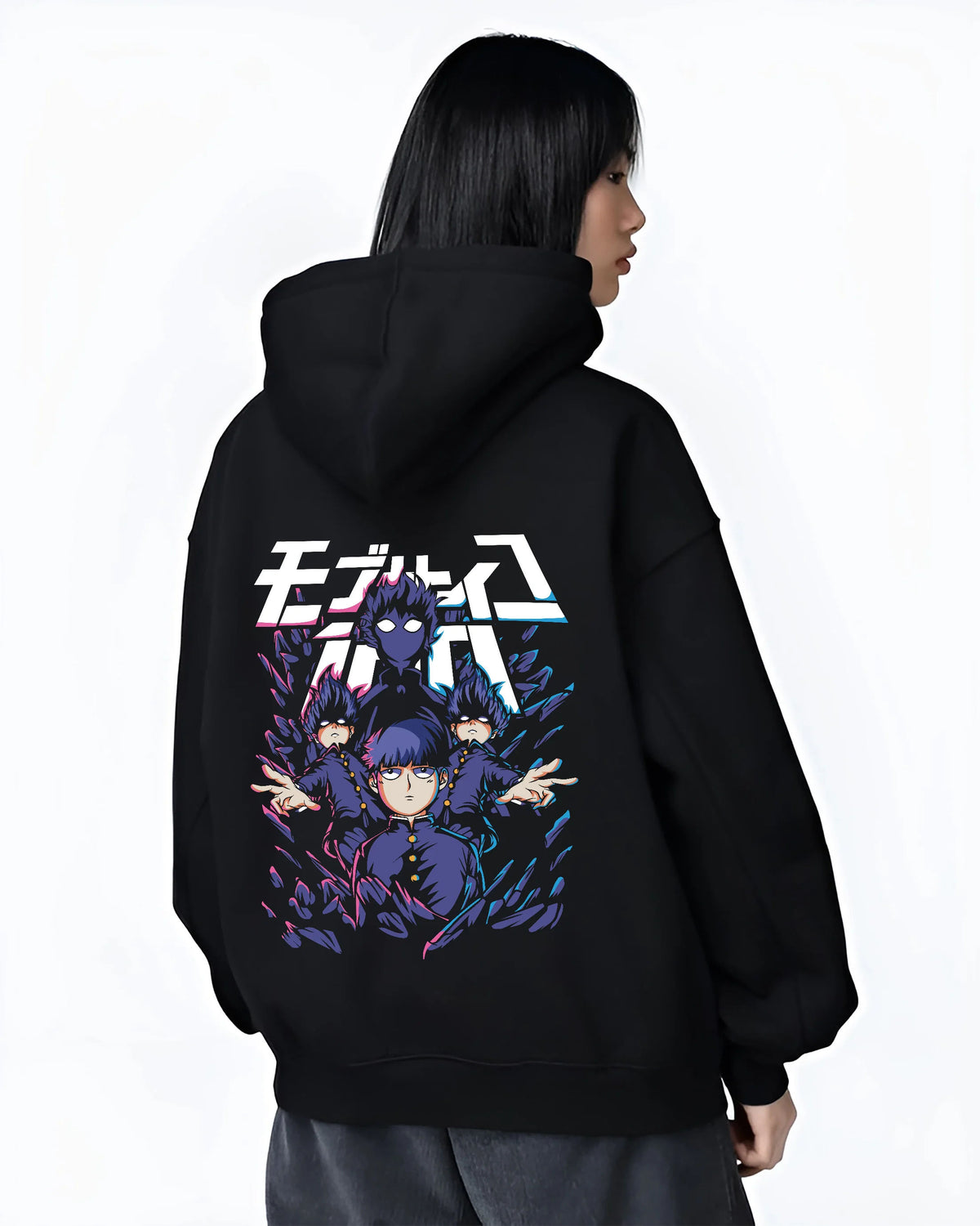 Black hoodie female model back view showing Mob Psycho 100: Mob and spirits and cast ensemble