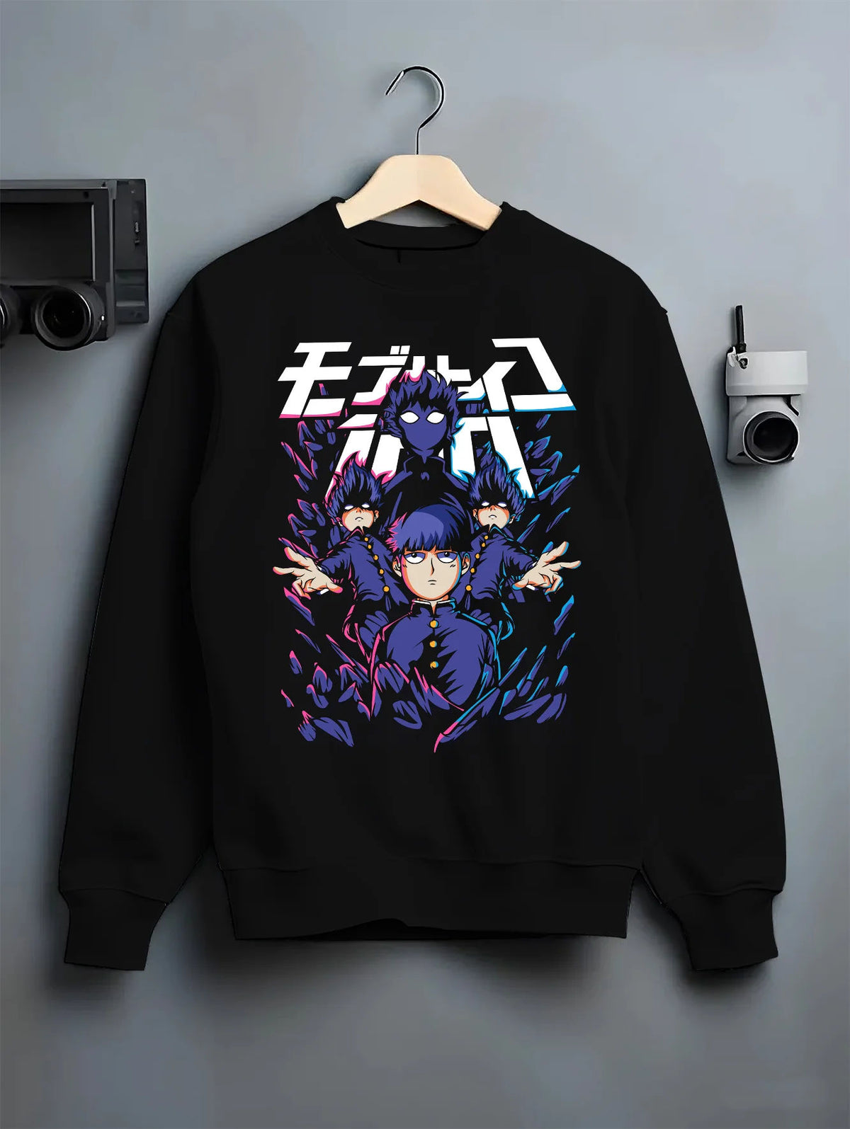 Black crewneck sweatshirt on hanger showing Mob Psycho 100: Mob and spirits and cast ensemble