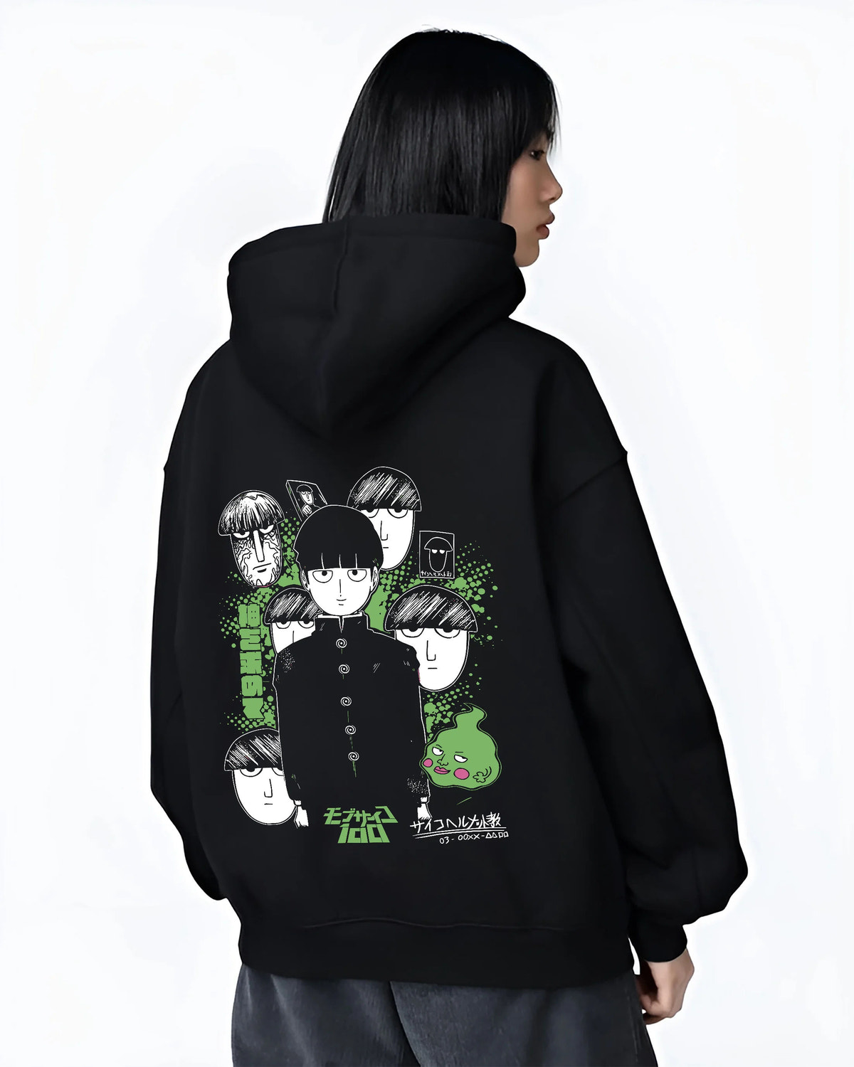 Black hoodie female model back view with Mob, Reigen Arataka and Mob Psycho 100 cast illustrated back graphic