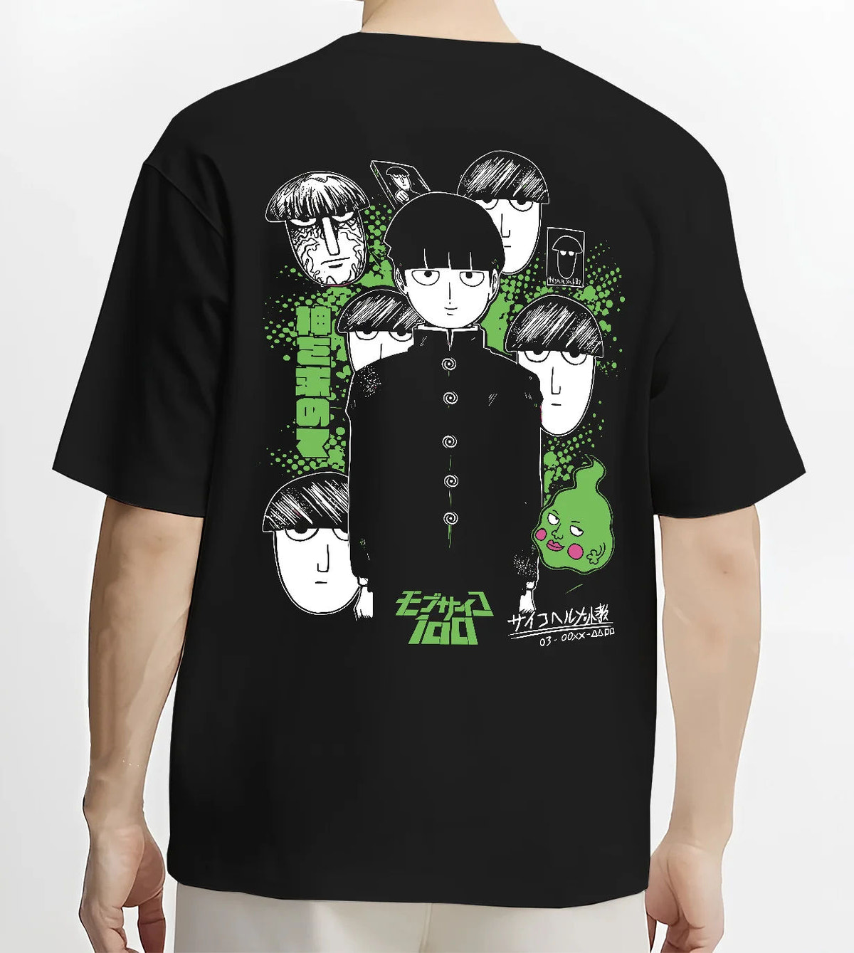 Black T-shirt model back view with Mob, Reigen Arataka and Mob Psycho 100 cast illustrated back graphic