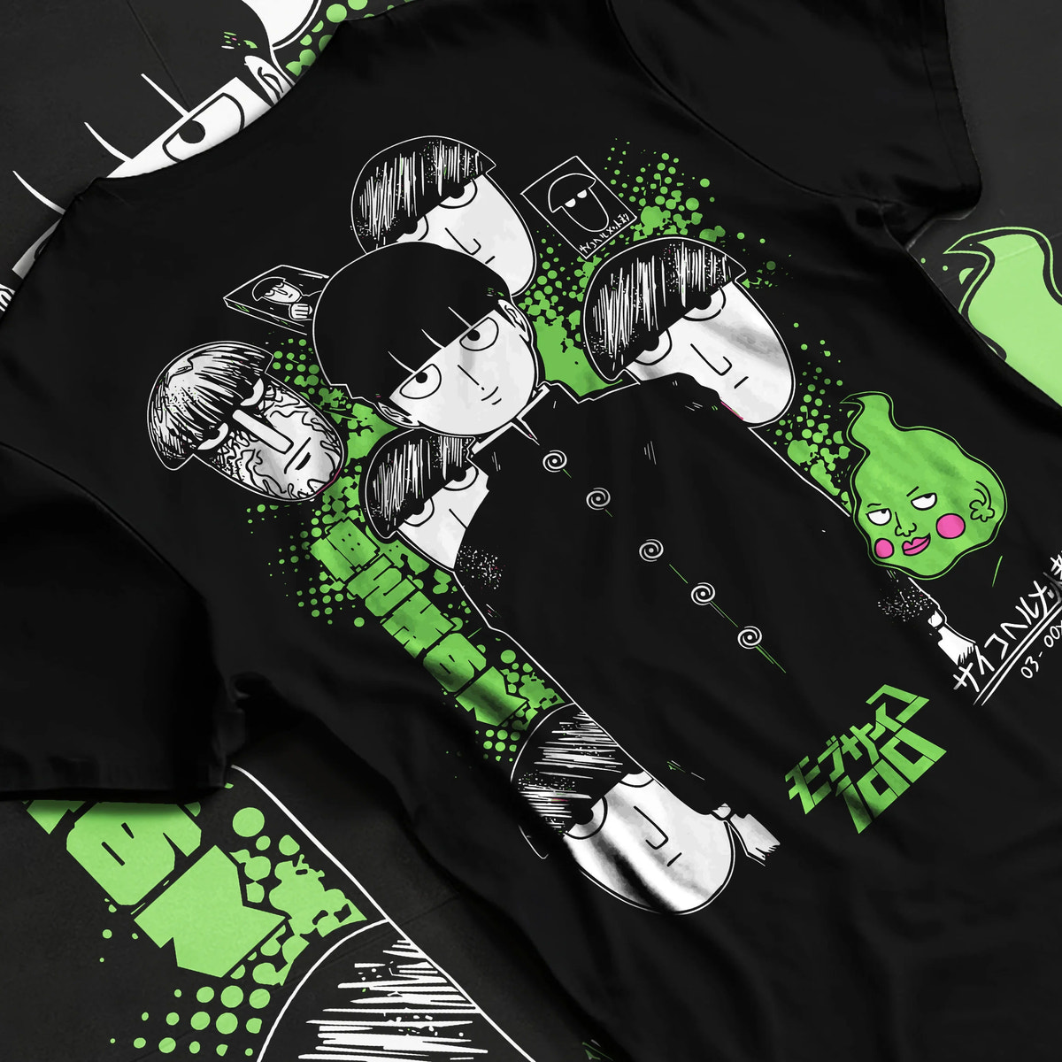 Black T-shirt flat back view with Mob, Reigen Arataka and Mob Psycho 100 cast illustrated back graphic