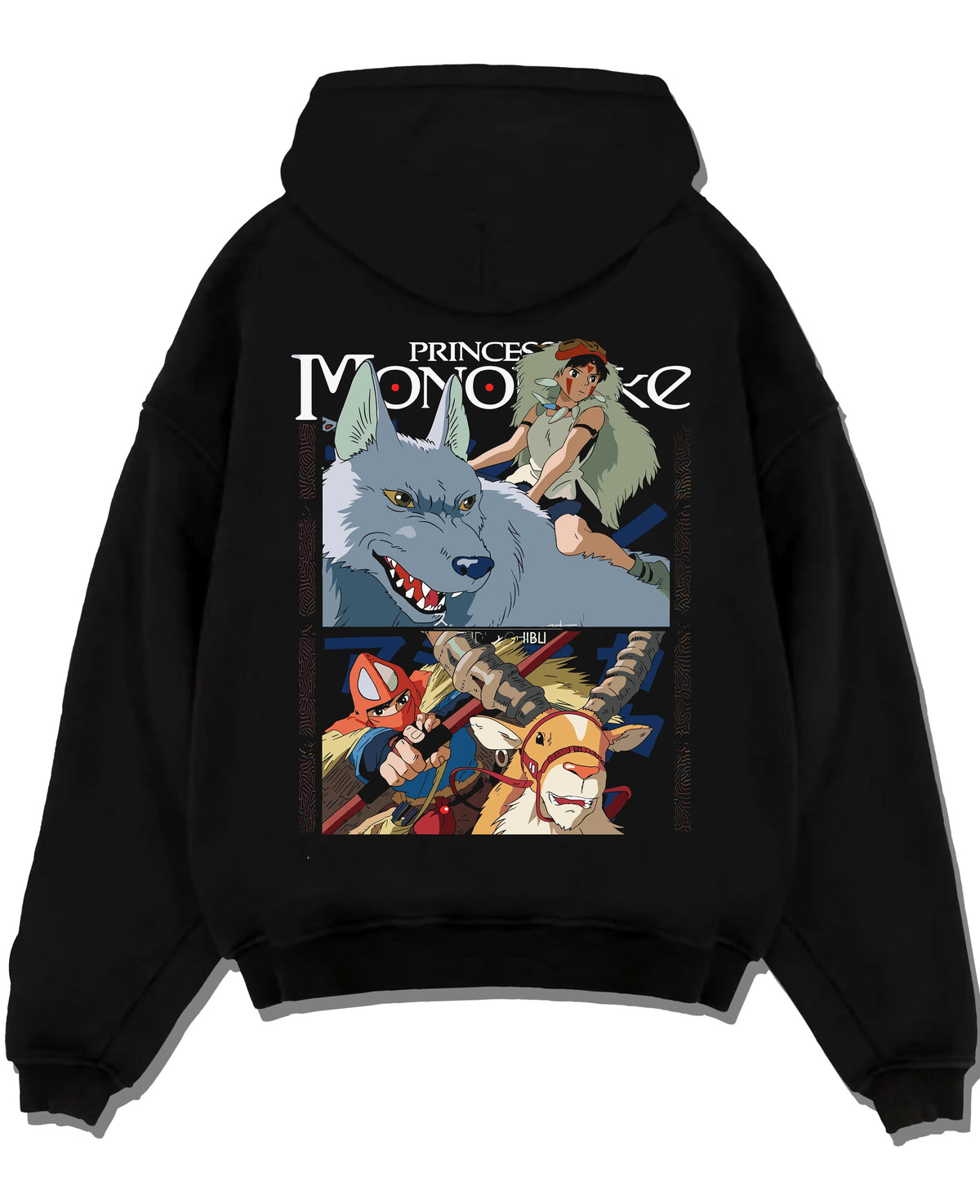 Black hoodie laid flat featuring San and the wolf clan artwork.
