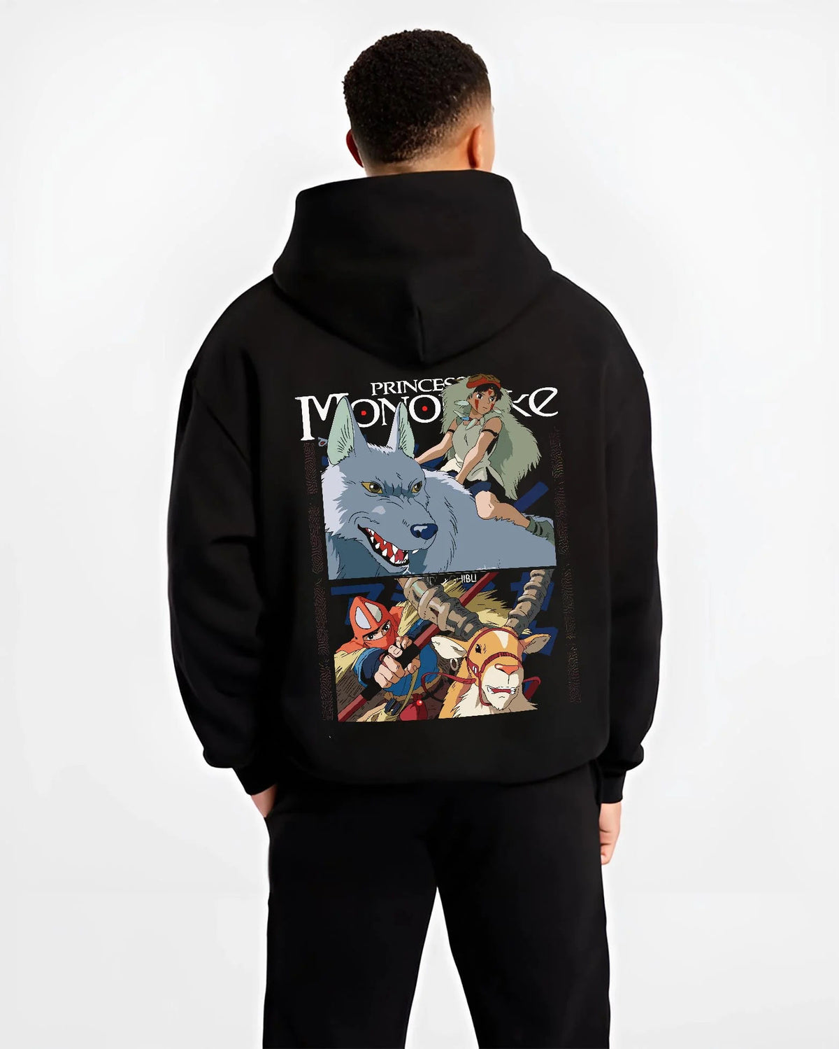 Black hoodie worn by male model from the back featuring San and the wolf clan artwork.