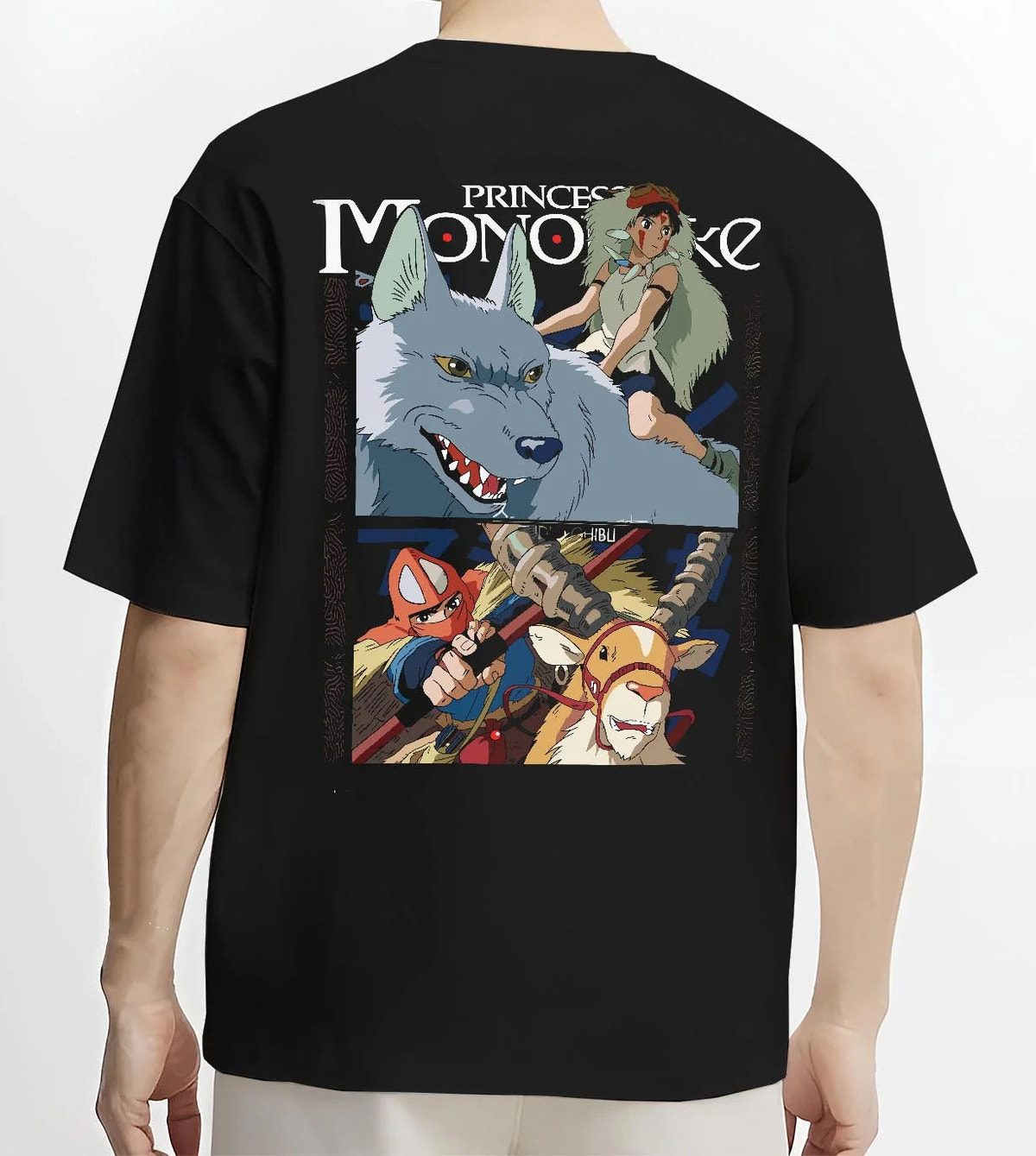 Black T-shirt worn by male model from the back featuring San and the wolf clan artwork.