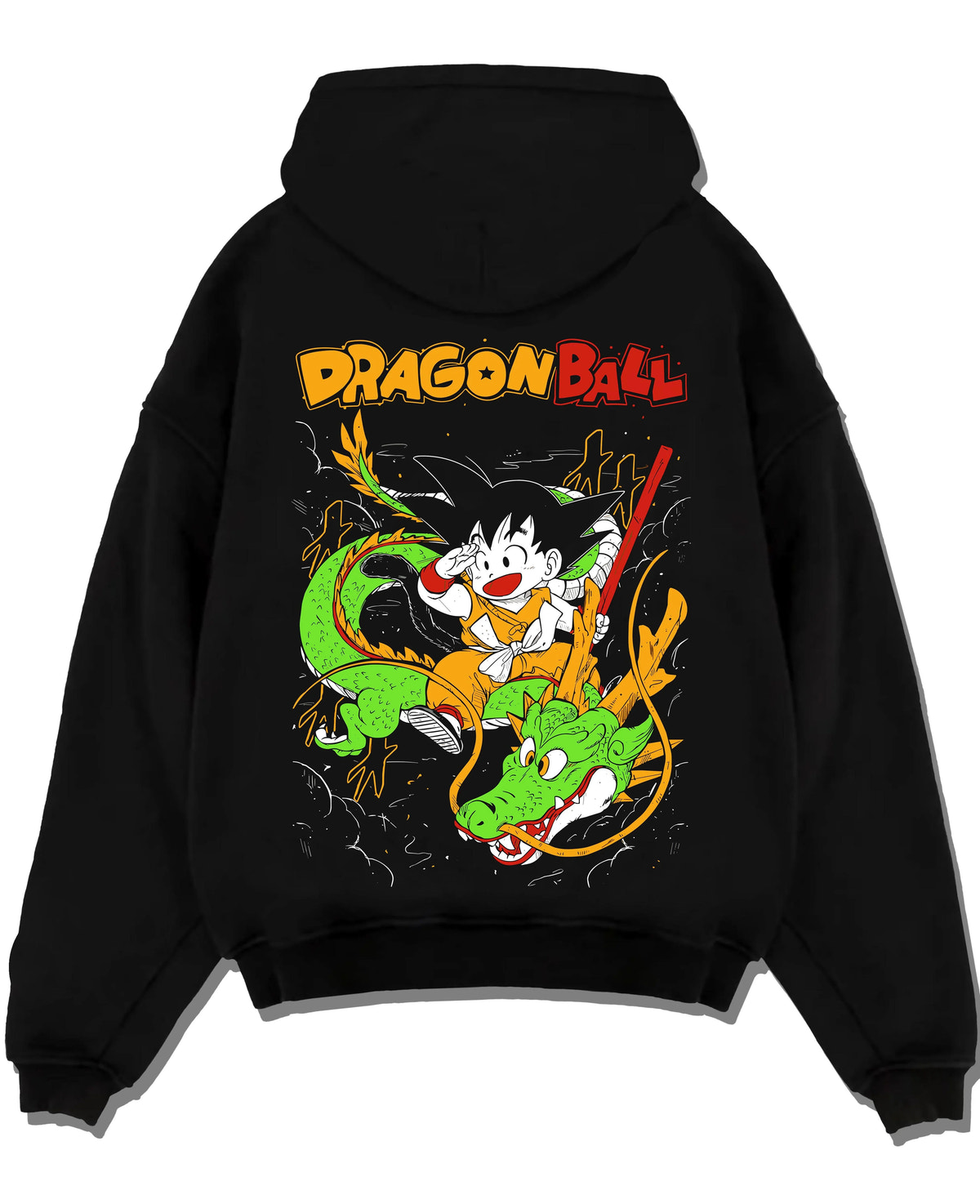 Black hoodie laid flat featuring Kid Goku and Shenron artwork.