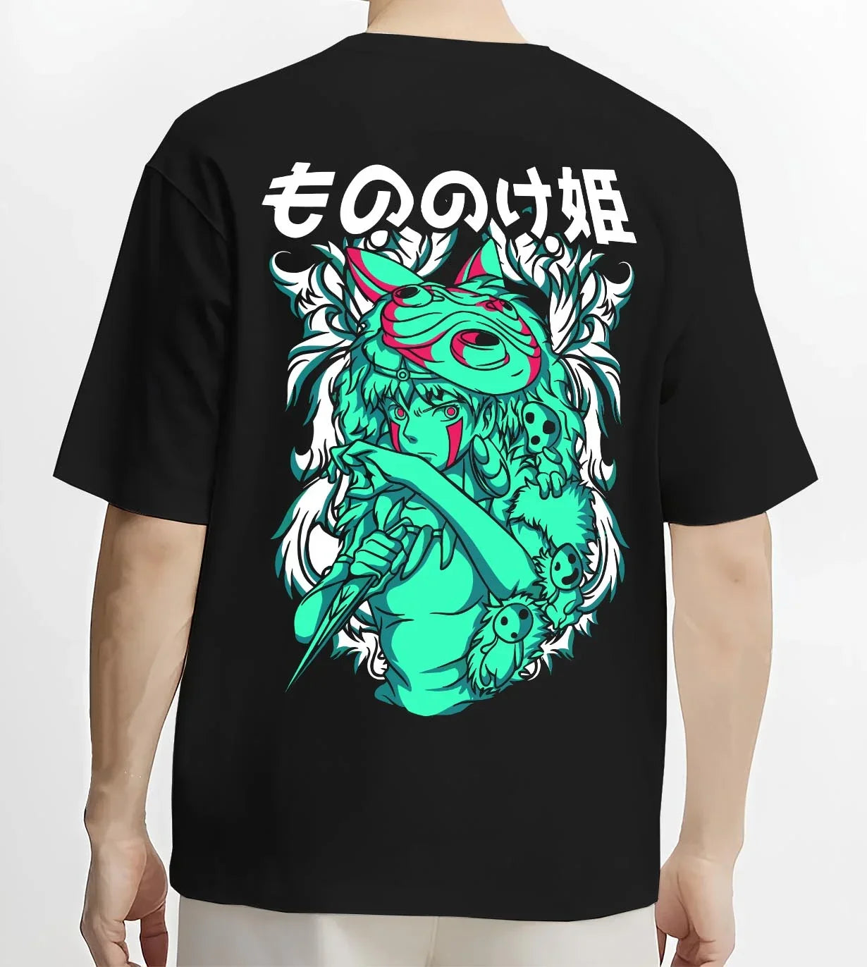 Black T-shirt worn by male model, back view with Princess Mononoke Hoodie Studio Ghibli Wolf Girl graphic streetwear graphic.