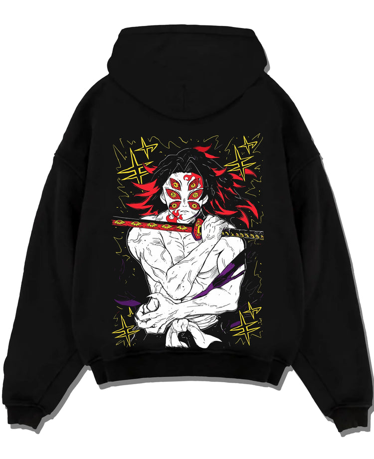 Black pullover hoodie laid flat with Kokushibo Hoodie Demon Slayer Crescent Marked graphic bold anime graphic.