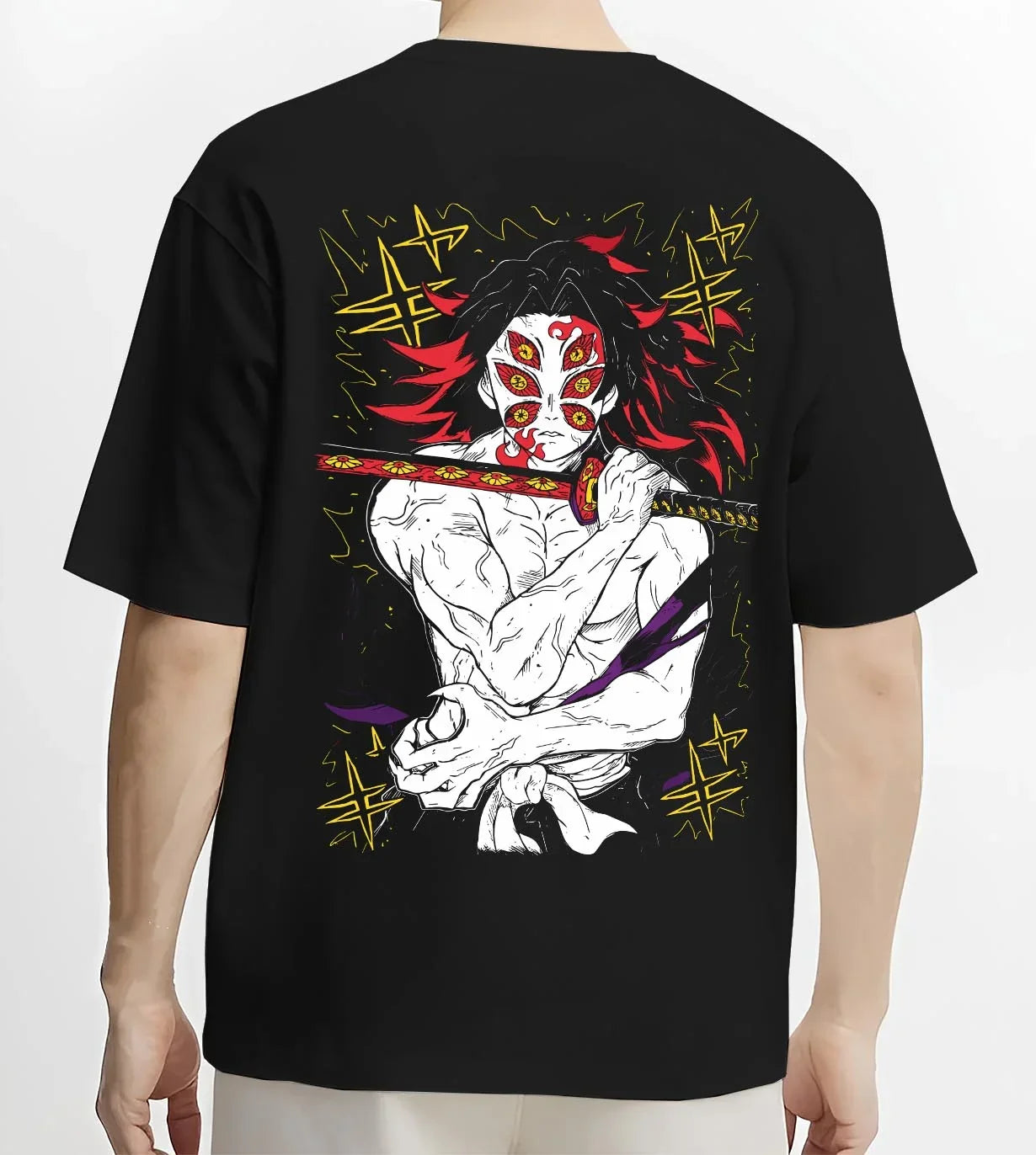 Black T-shirt worn by male model, back view with Kokushibo Hoodie Demon Slayer Crescent Marked graphic bold anime graphic.
